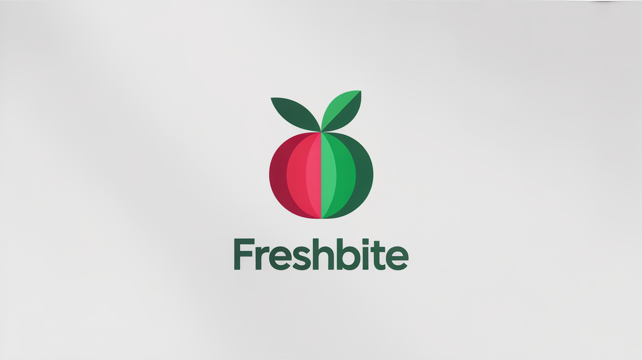 A modern, minimalist logo featuring a stylized apple, half red and half green. Below the icon is the brand name 'FreshBite' in a clean font, all on a white background.