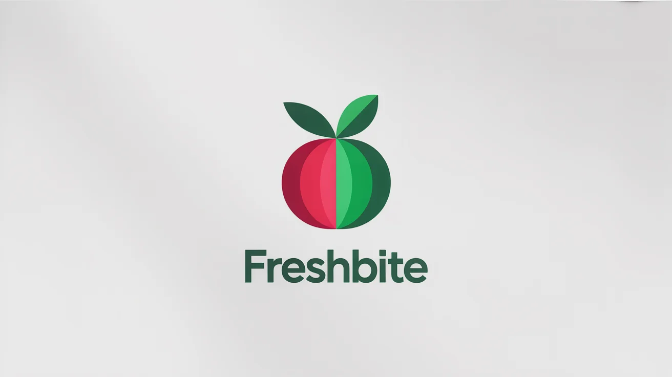A modern, minimalist logo featuring a stylized apple, half red and half green. Below the icon is the brand name 'FreshBite' in a clean font, all on a white background.