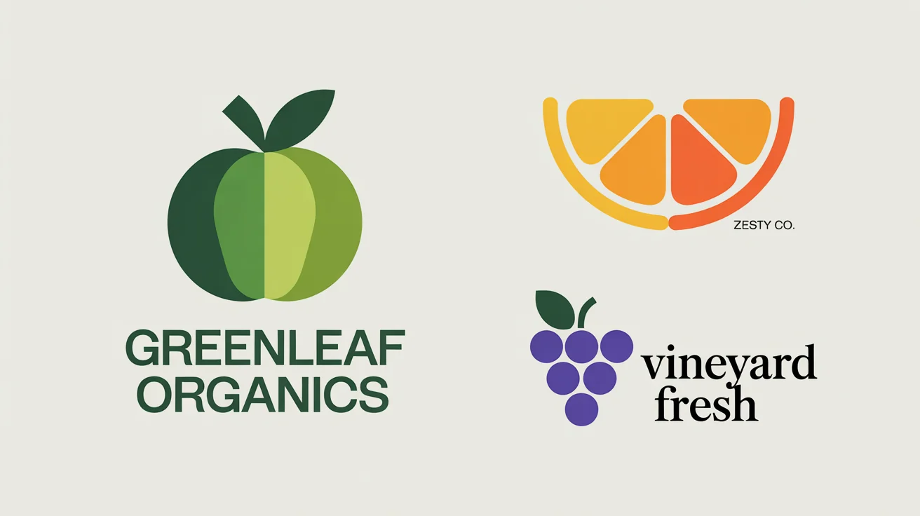 A showcase of three professionally designed fruit logos on a white background. An abstract green apple logo for 'GreenLeaf Organics', a stylized orange slice logo for 'Zesty Co.', and a minimalist purple grape logo for 'Vineyard Fresh'.