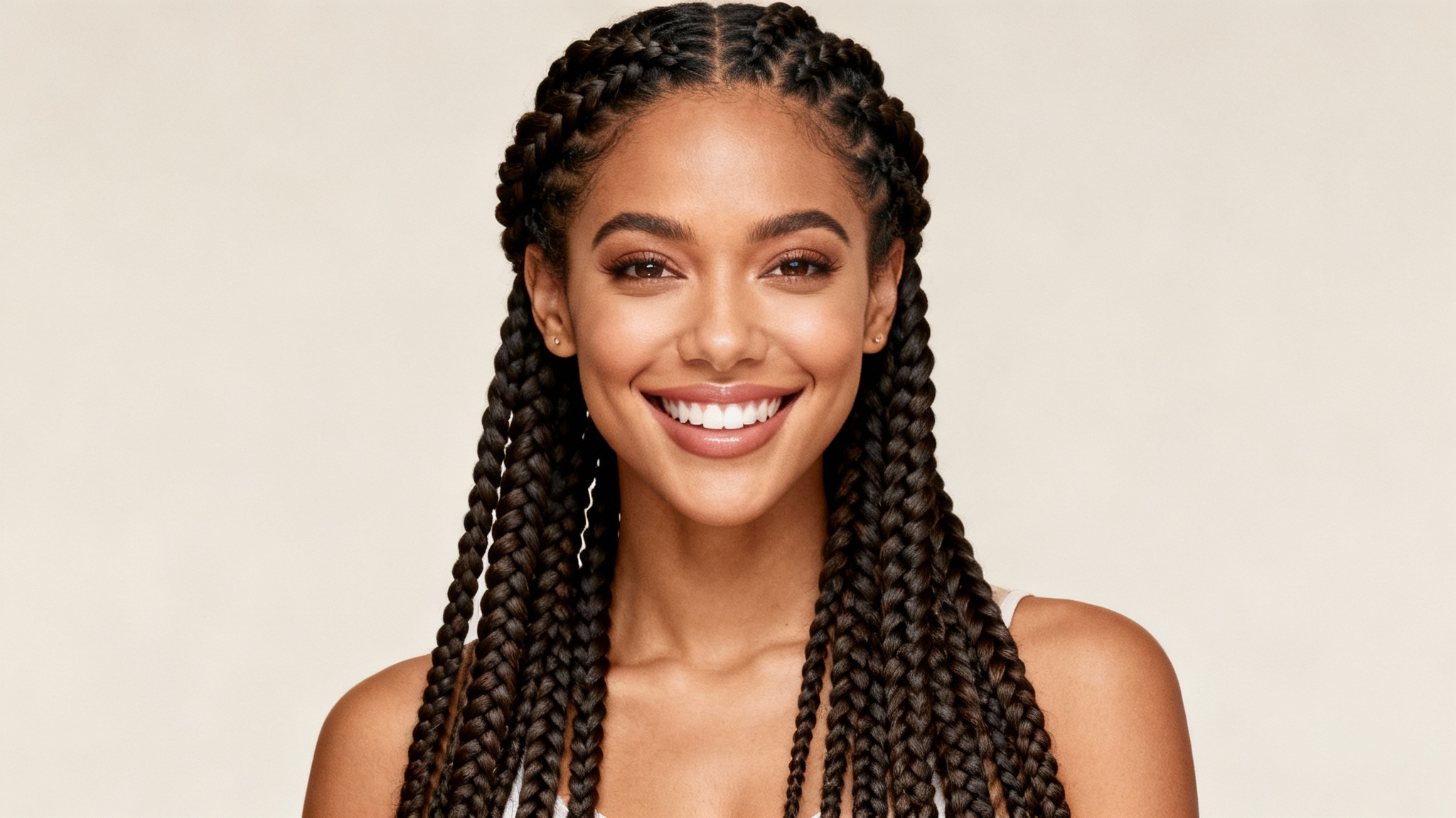 A wide-angle hero image showing the polished 'after' result: a smiling woman with perfectly rendered, long digital braids, demonstrating the hairstyle transformation feature.