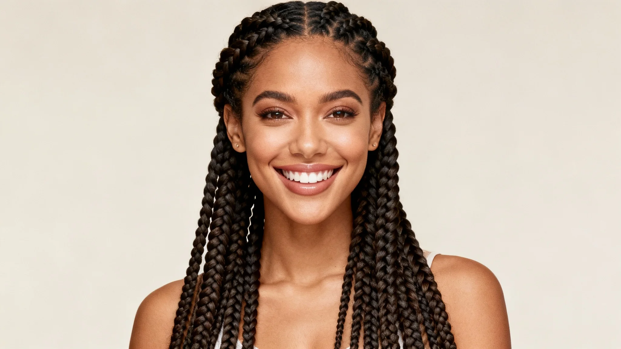 A wide-angle hero image showing the polished 'after' result: a smiling woman with perfectly rendered, long digital braids, demonstrating the hairstyle transformation feature.
