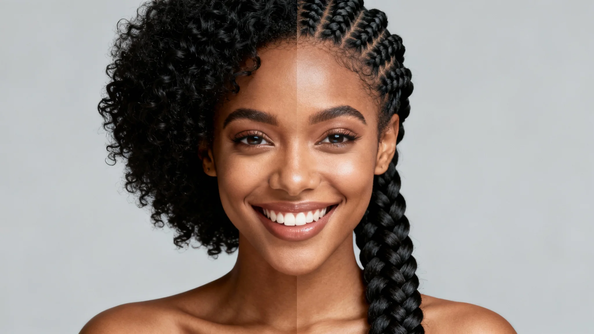 A stunning portrait of a woman with a split hairstyle: one side features natural curly hair, and the other side features intricate box braids, demonstrating a digital hair styling effect.