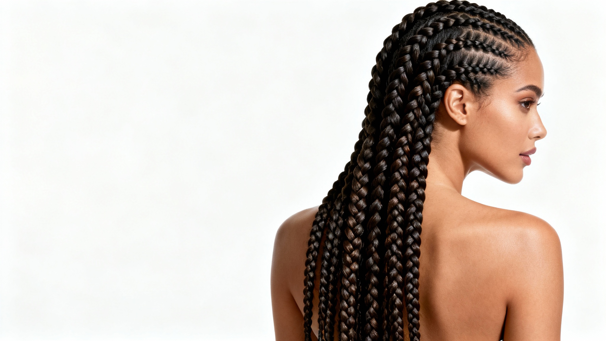 A close-up shot from the side and back of a woman's head, showcasing her new, perfectly styled long box braids against a clean white background.