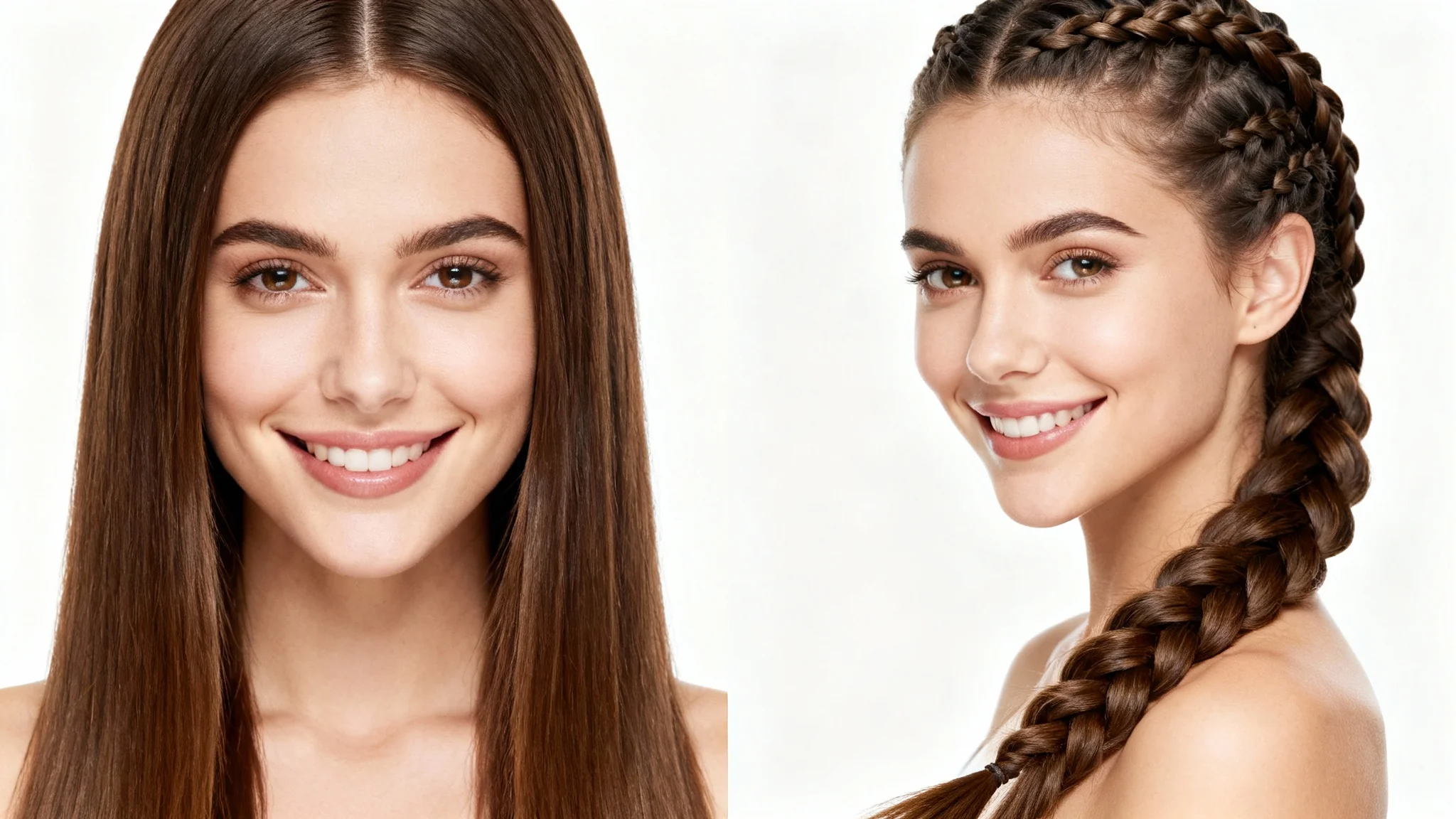 A before-and-after comparison image showing a woman first with straight hair and then with intricate cornrow braids, illustrating the 'add braids to photo' feature.