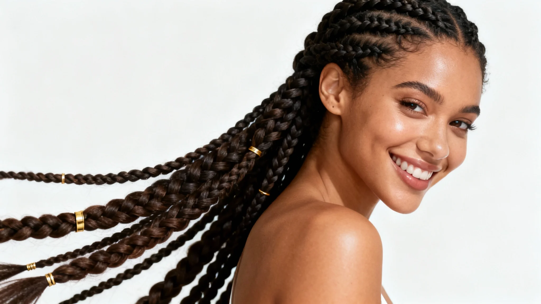 A close-up studio portrait of a smiling woman with long, intricate cornrow and goddess braids with gold cuffs, on a clean white background.