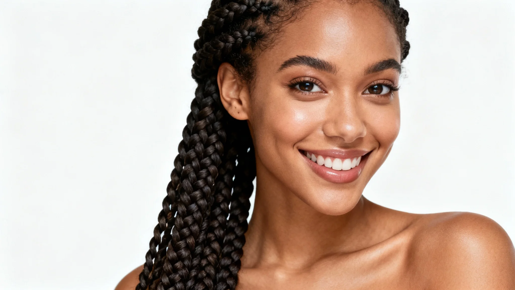 A stunning, photorealistic portrait of a smiling woman with long, intricate box braids, showcased against a clean white background.