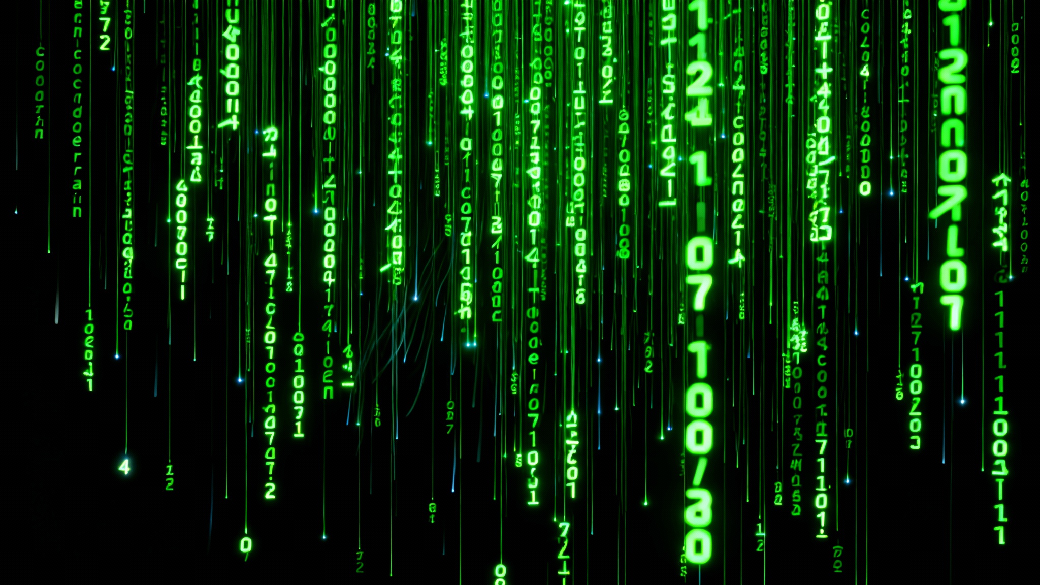 A digital illustration of green code rain, with glowing characters cascading down a black background, evoking a sense of cyberspace.