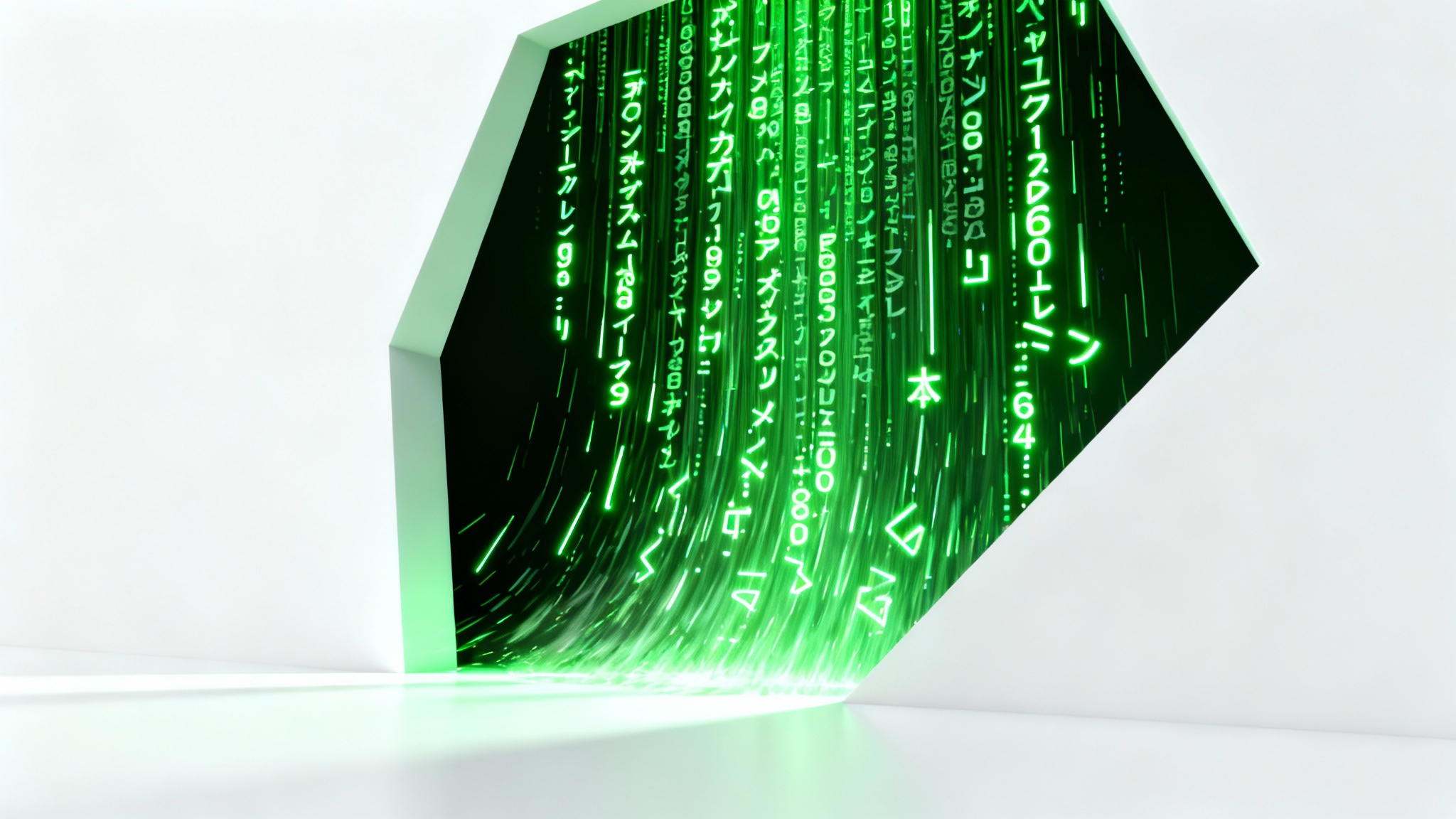A digital illustration of green code rain, similar to 'The Matrix,' falling inside a defined shape against a plain white background.