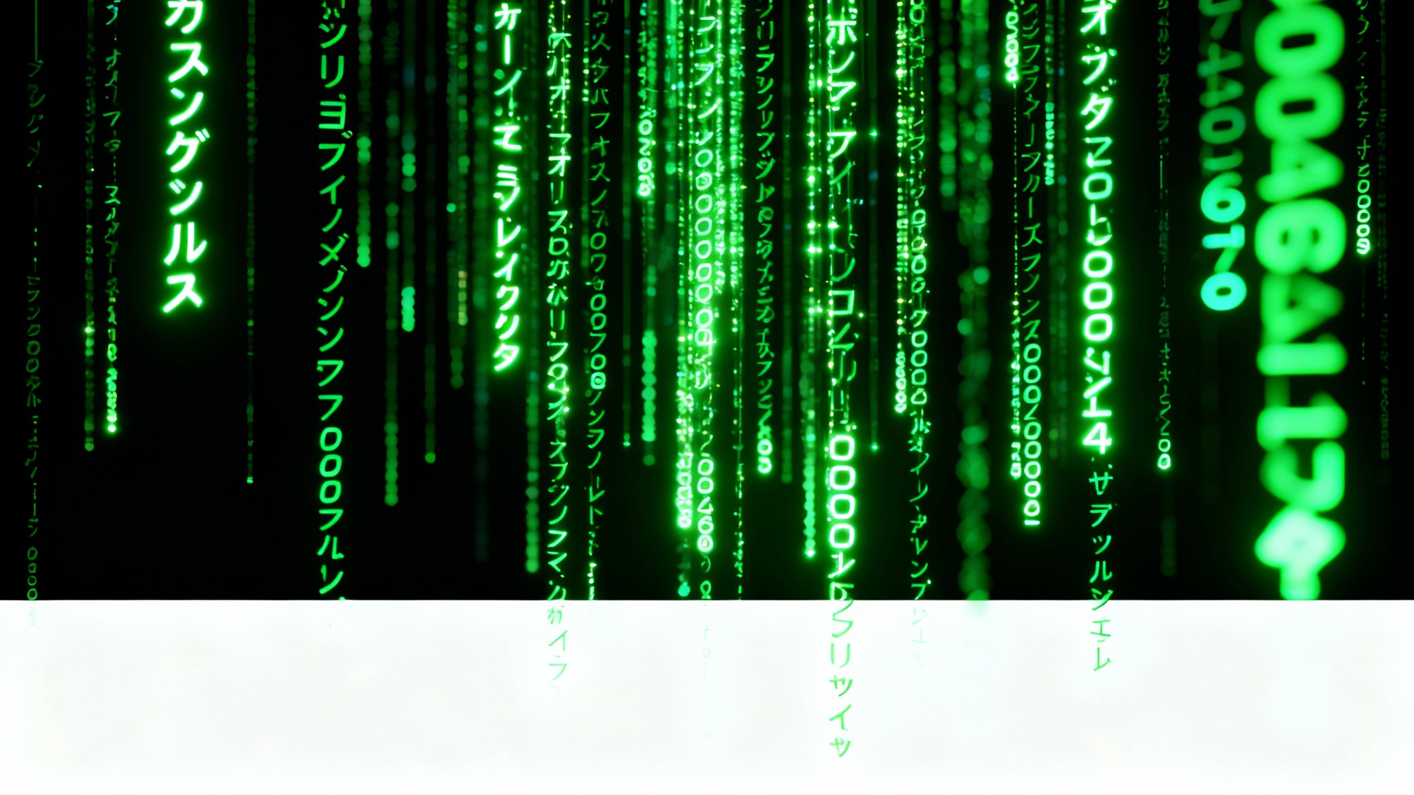 An image depicting the iconic green code rain effect from 'The Matrix', with glowing green characters streaming down against a black background, presented as a mockup on a white surface.