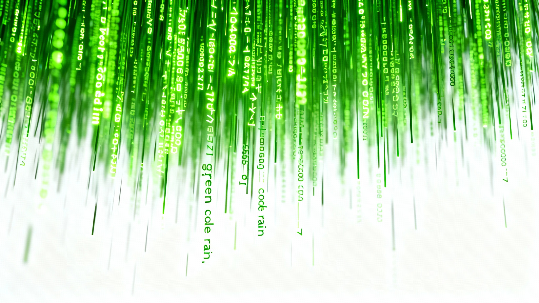 An abstract image depicting streams of glowing green digital code falling vertically against a clean white background, reminiscent of the 'digital rain' effect.