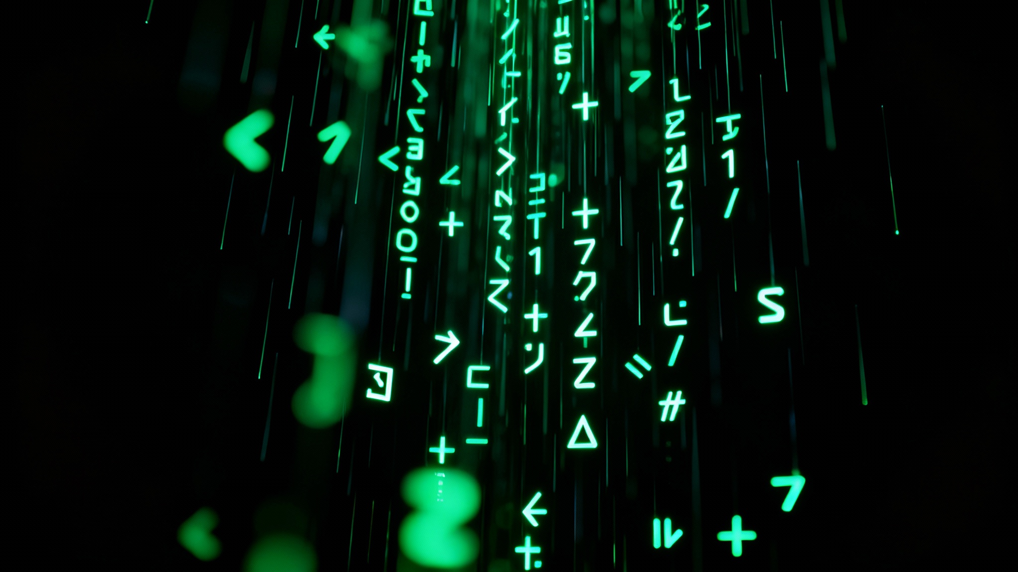 A close-up, high-tech image of glowing green computer code falling in vertical streams against a pitch-black background, creating a digital rain effect.
