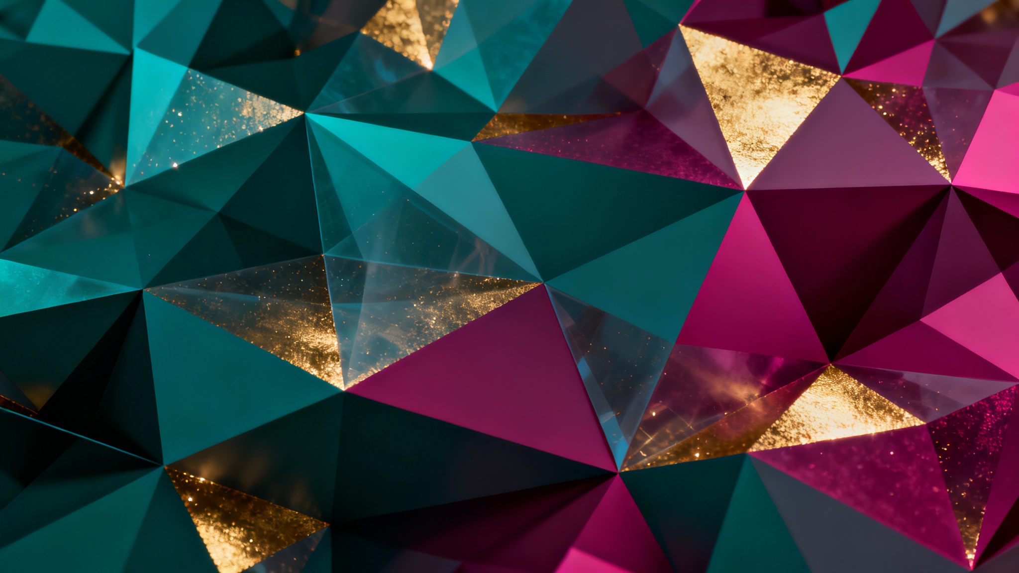 A stunning, high-resolution abstract background featuring a dynamic pattern of interlocking polygons in teal, magenta, and gold. The final design shows a sense of depth and movement, perfect for a modern and sophisticated theme.