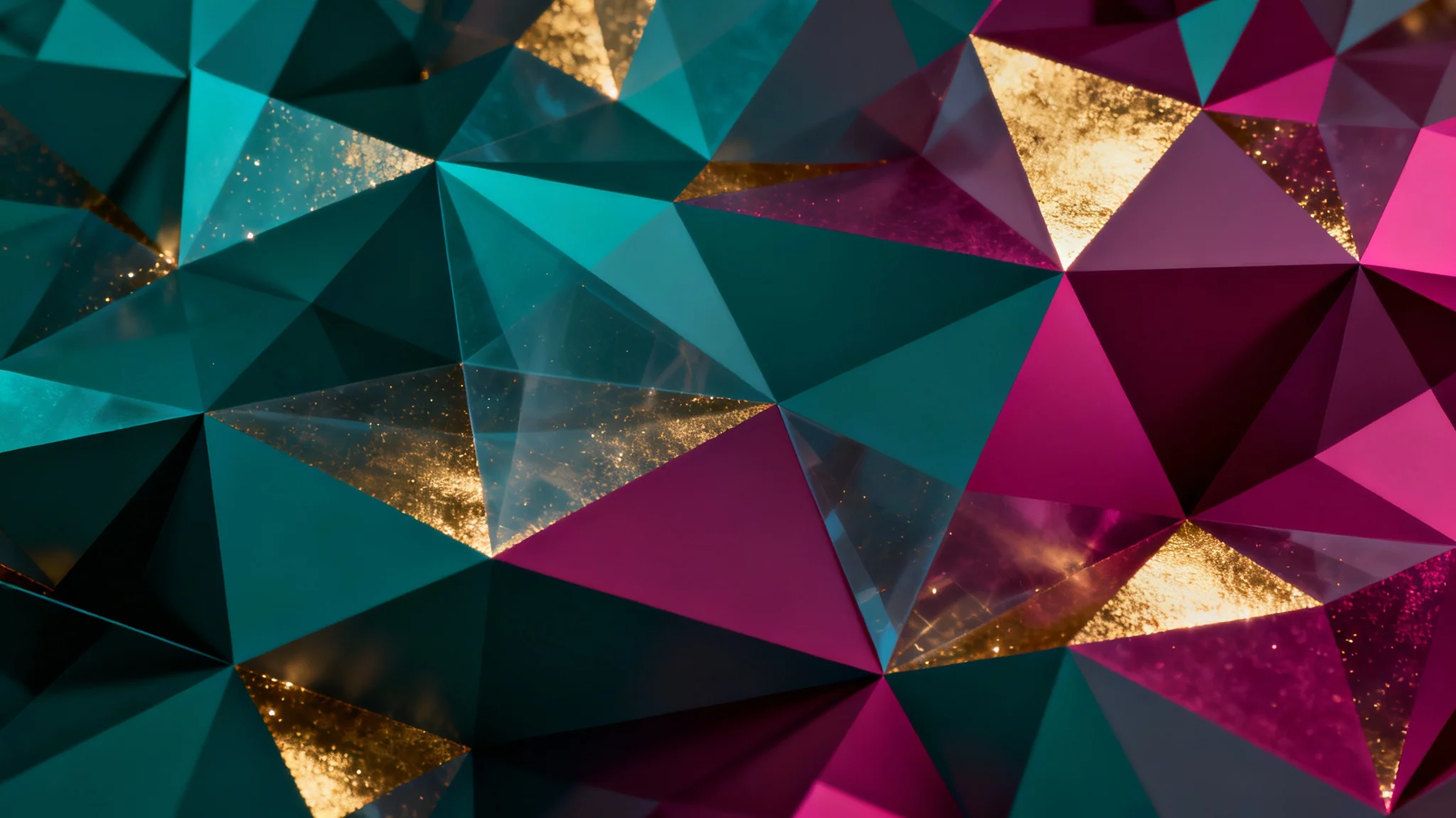 A stunning, high-resolution abstract background featuring a dynamic pattern of interlocking polygons in teal, magenta, and gold. The final design shows a sense of depth and movement, perfect for a modern and sophisticated theme.