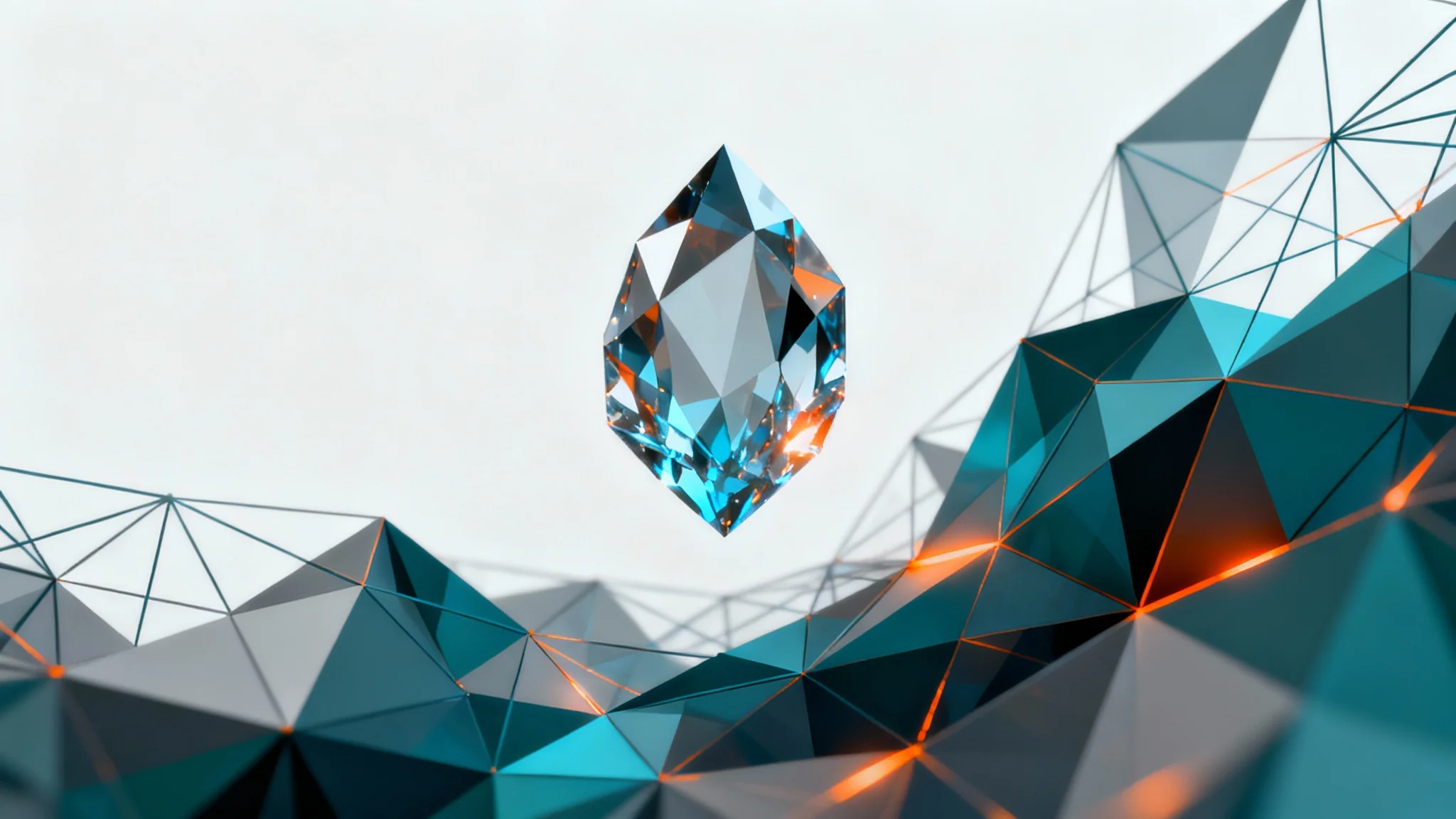 A modern abstract background featuring a low-polygon, crystalline structure in blue, teal, and grey with glowing orange accents, set against a solid white background.