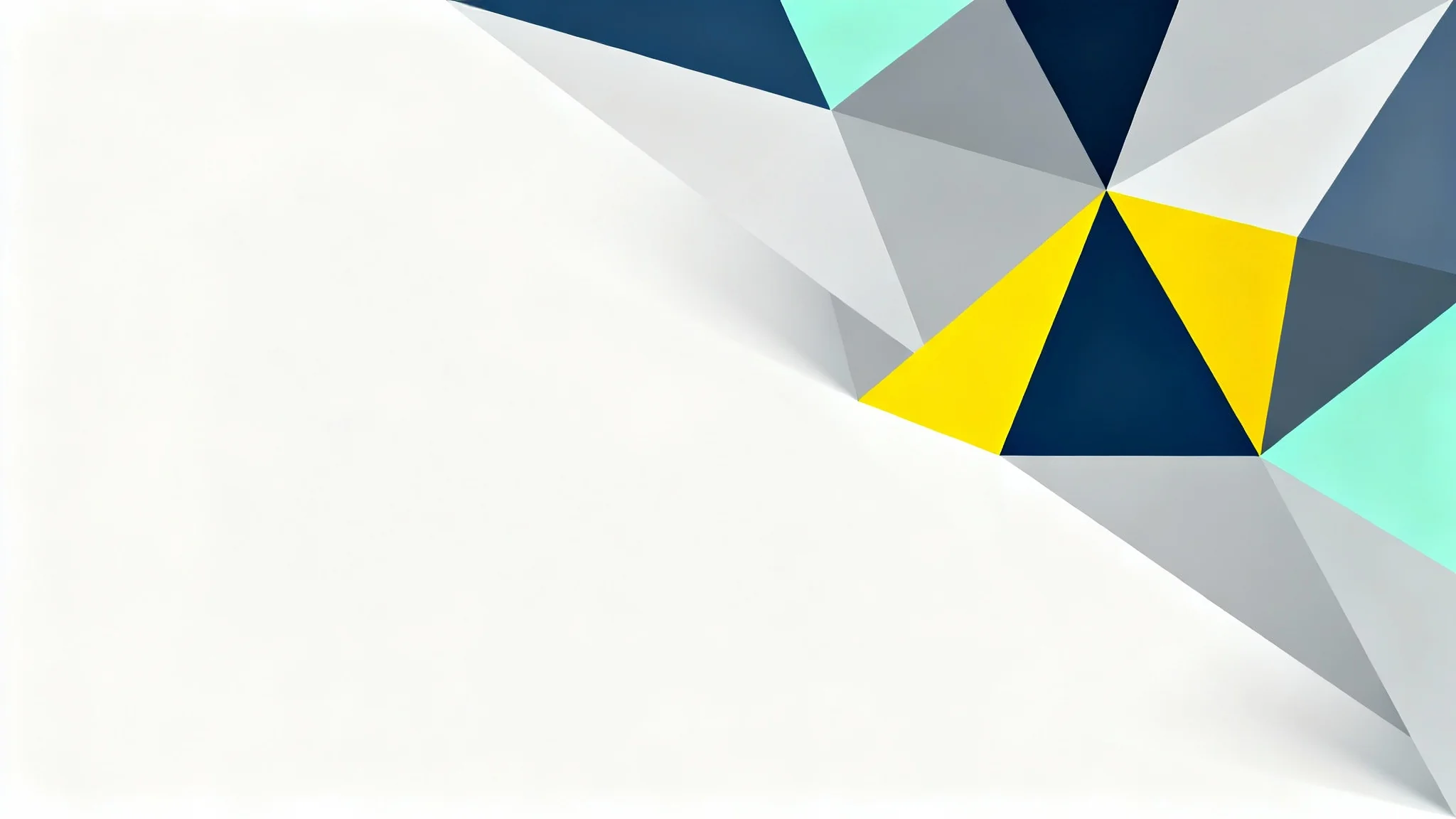 A minimalist abstract background with a low-poly design of geometric shapes in cool grays, blues, and mint green, with vibrant yellow accents, creating a 3D effect on a white background.