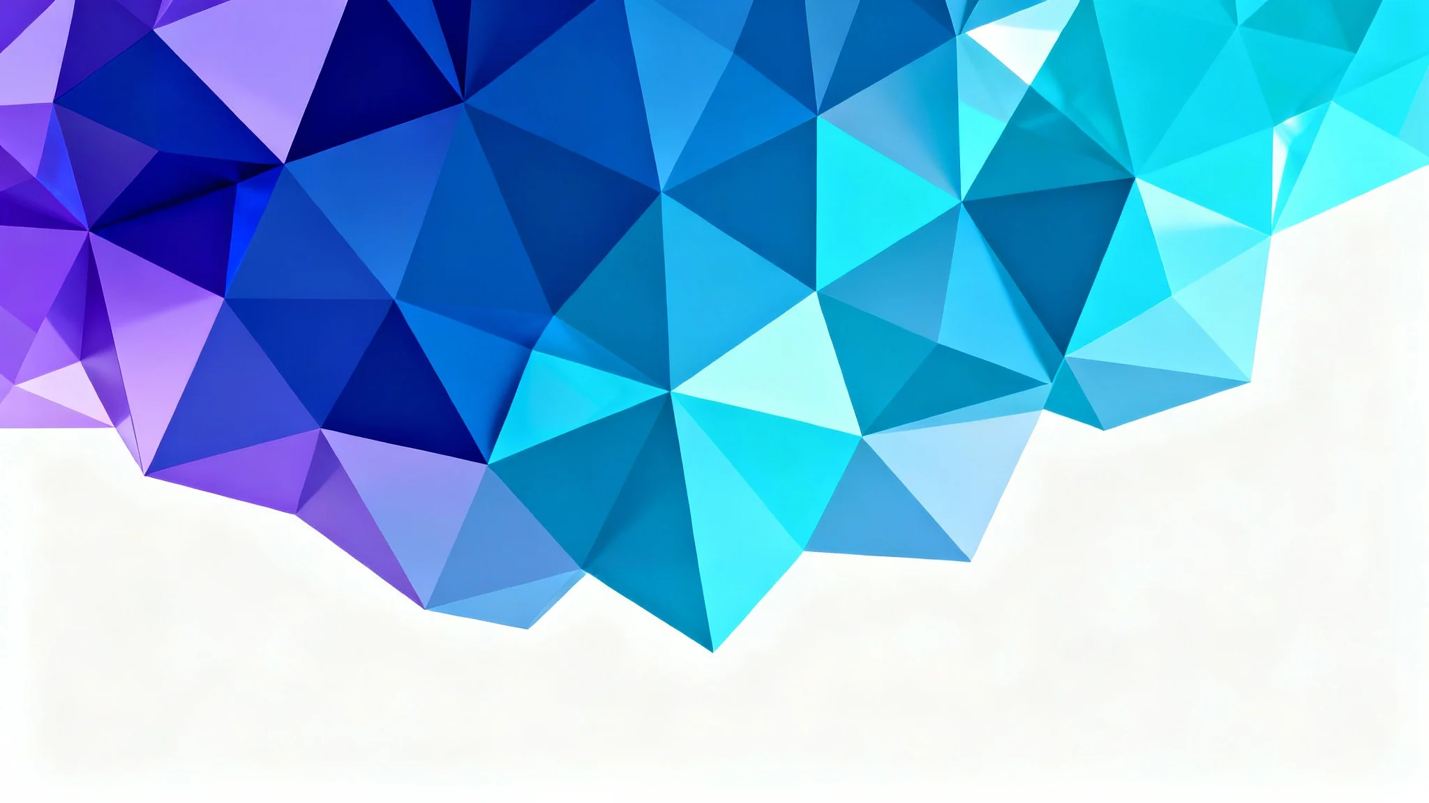 An abstract background featuring a dynamic cluster of 3D geometric polygons in shades of blue, cyan, and lavender, set against a clean white background.