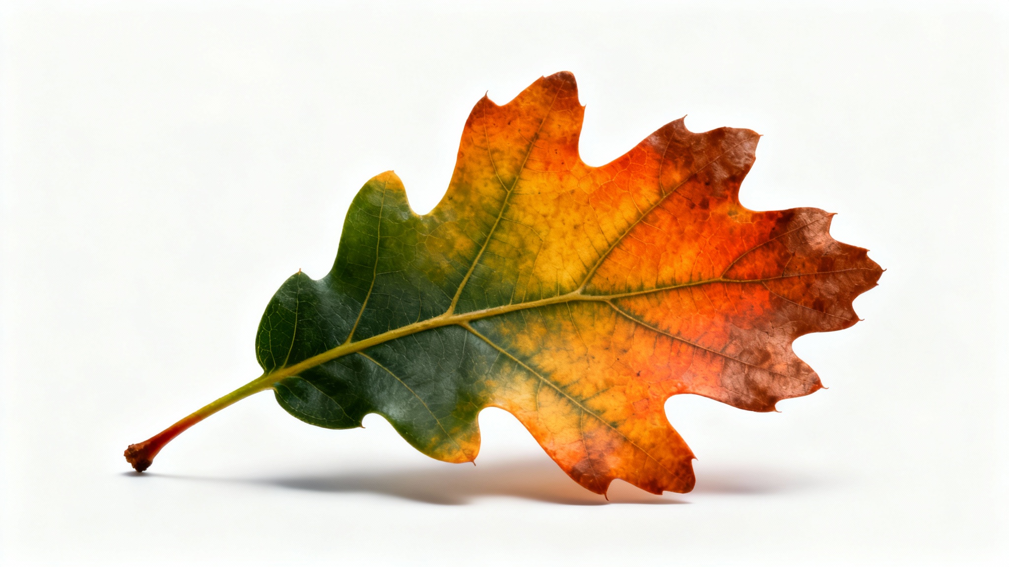 A highly detailed, photorealistic image of a single oak leaf with vibrant autumn colors, ranging from green to orange and brown, set against a plain white background.