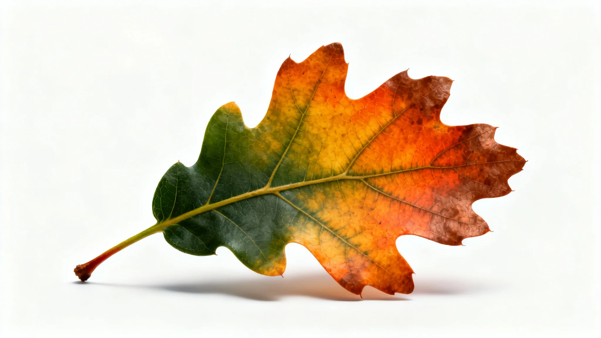 A highly detailed, photorealistic image of a single oak leaf with vibrant autumn colors, ranging from green to orange and brown, set against a plain white background.