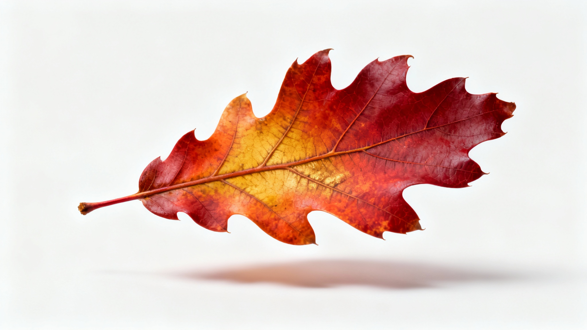 A close-up, photorealistic image of a single autumn oak leaf with vibrant red and orange colors, isolated on a clean white background.