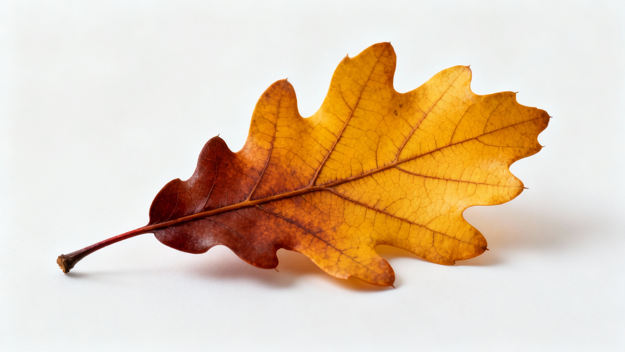 A photorealistic, close-up image of a single autumn oak leaf with rich brown and golden-yellow colors, displayed on a clean white background.