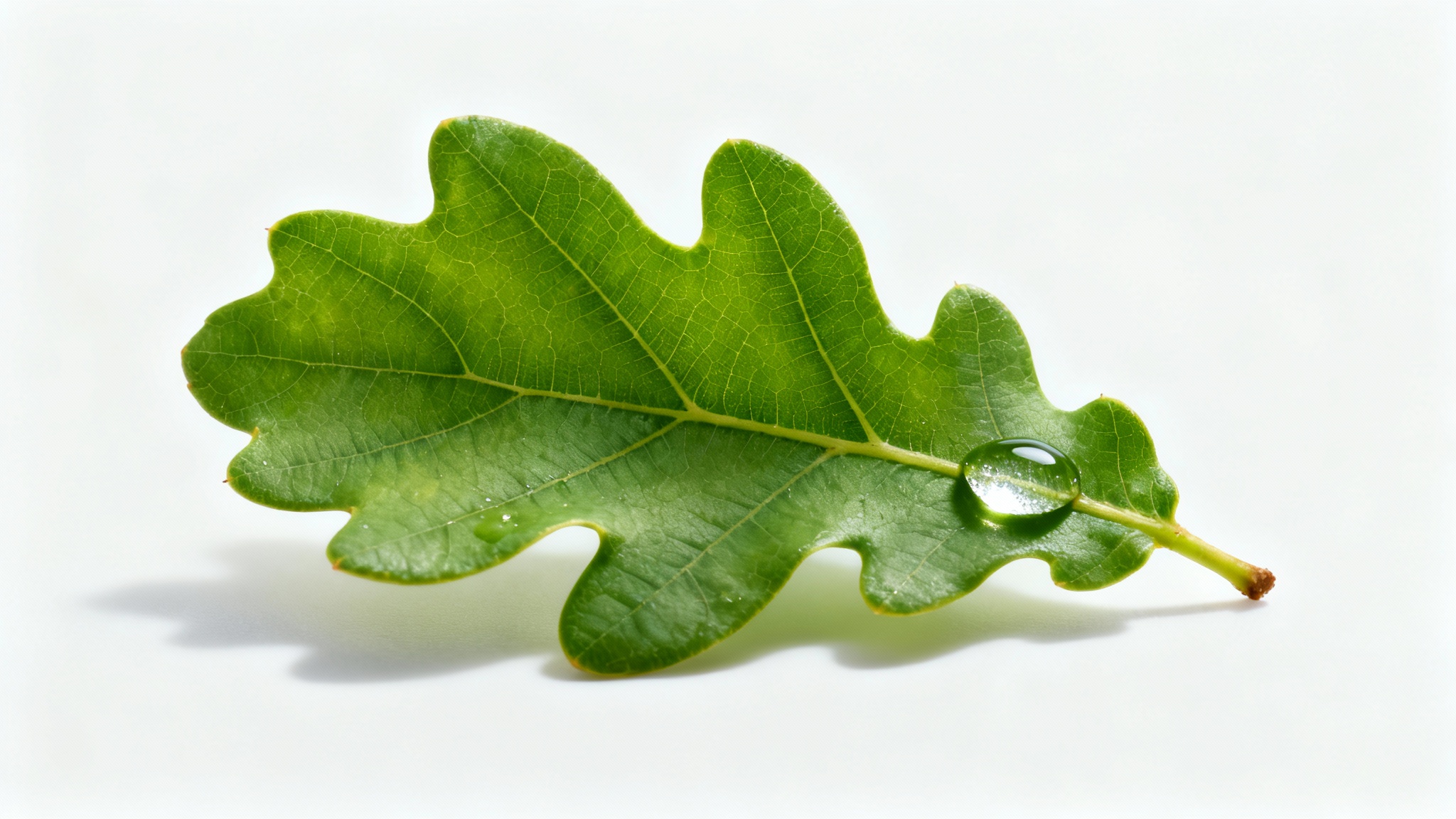 A photorealistic close-up of a single, vibrant green oak leaf with a water droplet on it, isolated on a stark white background.