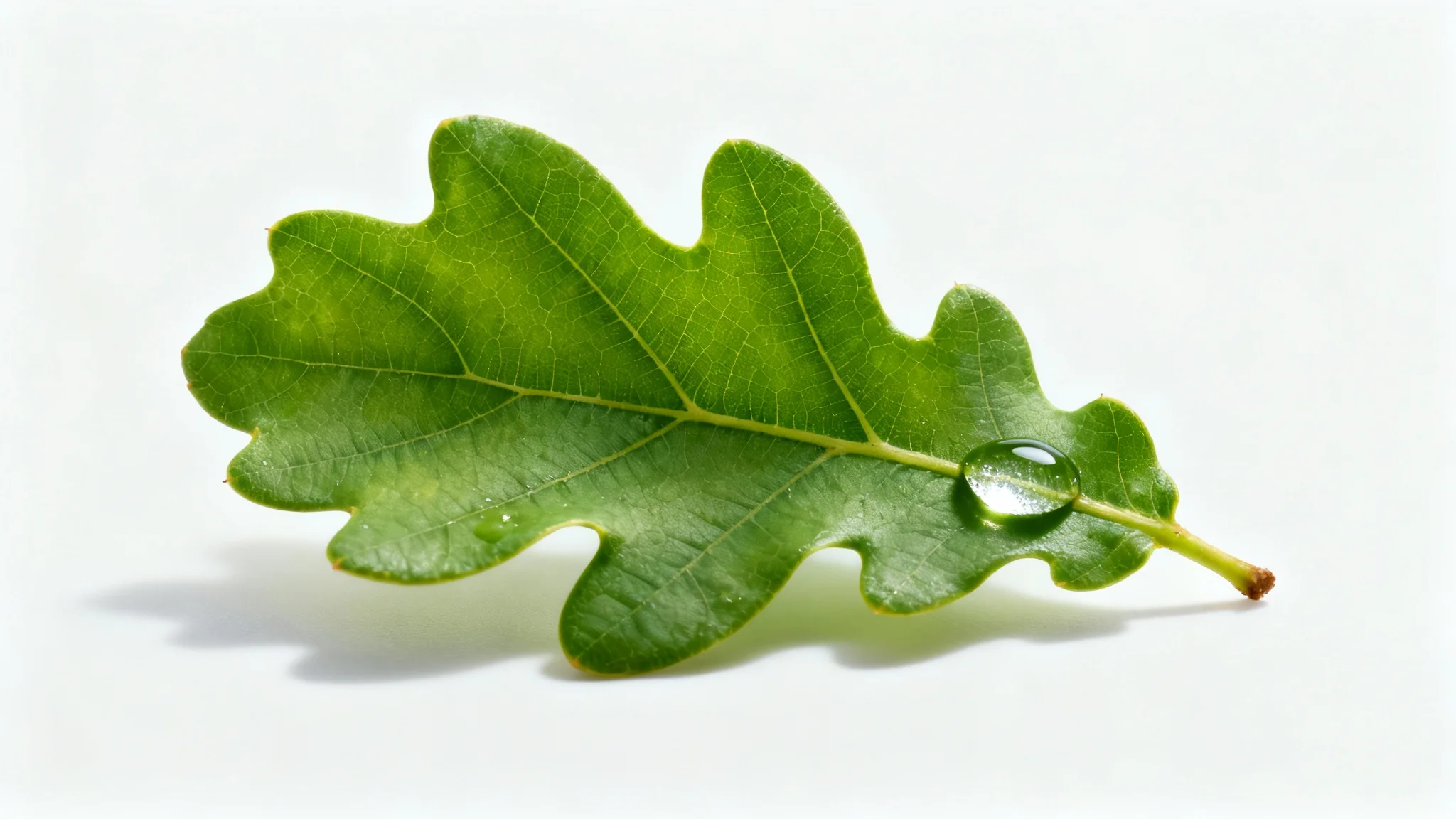 A photorealistic close-up of a single, vibrant green oak leaf with a water droplet on it, isolated on a stark white background.