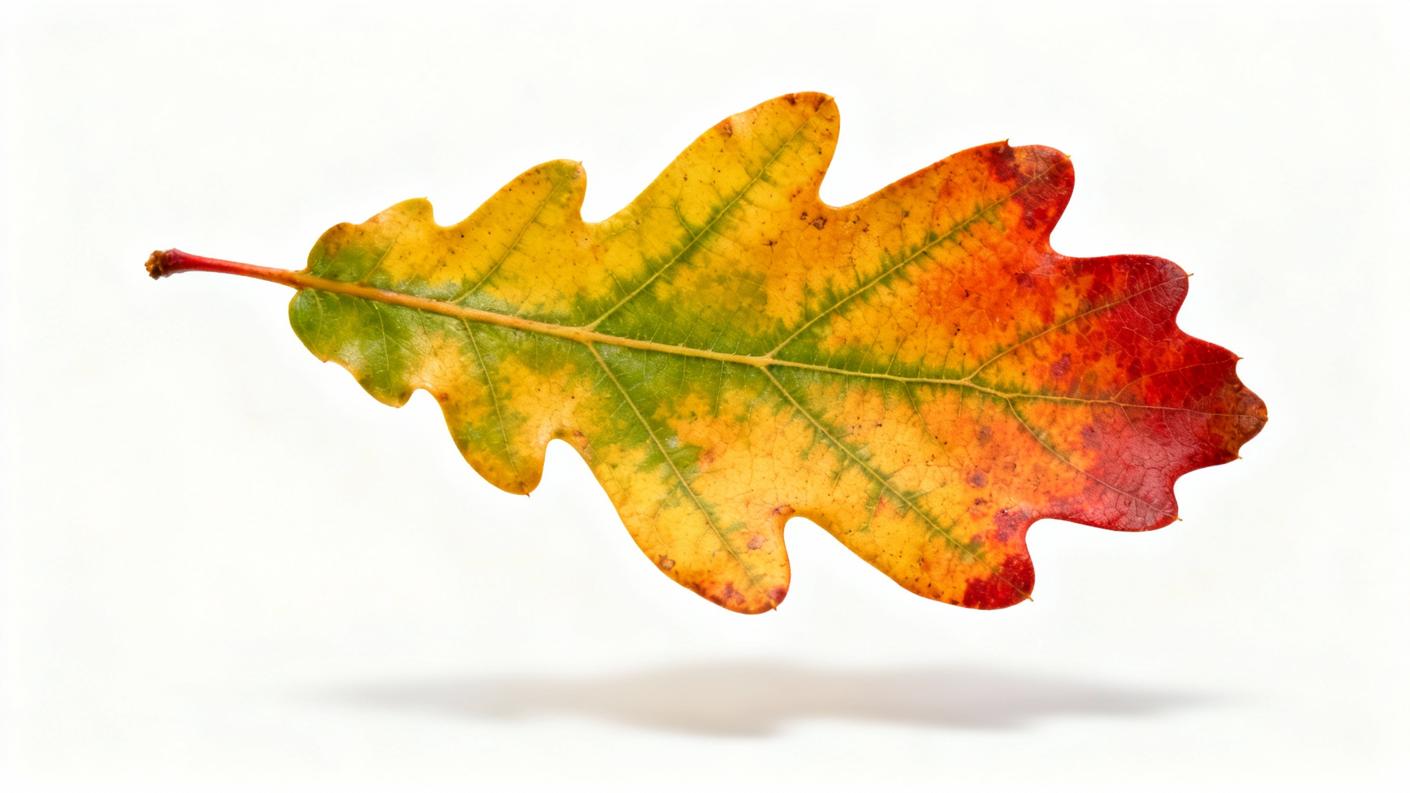 A photorealistic macro shot of a single oak leaf in autumn colors—yellow, orange, red, and green—isolated against a clean white background.