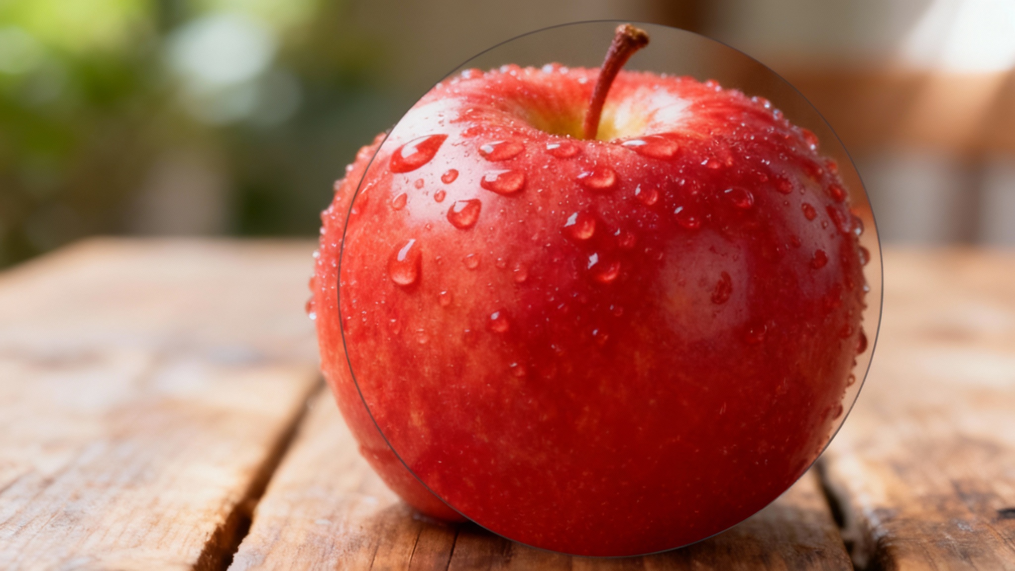 A hero image showing the result of resizing a part of a photo: a red apple on a table, with a circular section magnified to reveal hyper-detailed texture and water droplets.