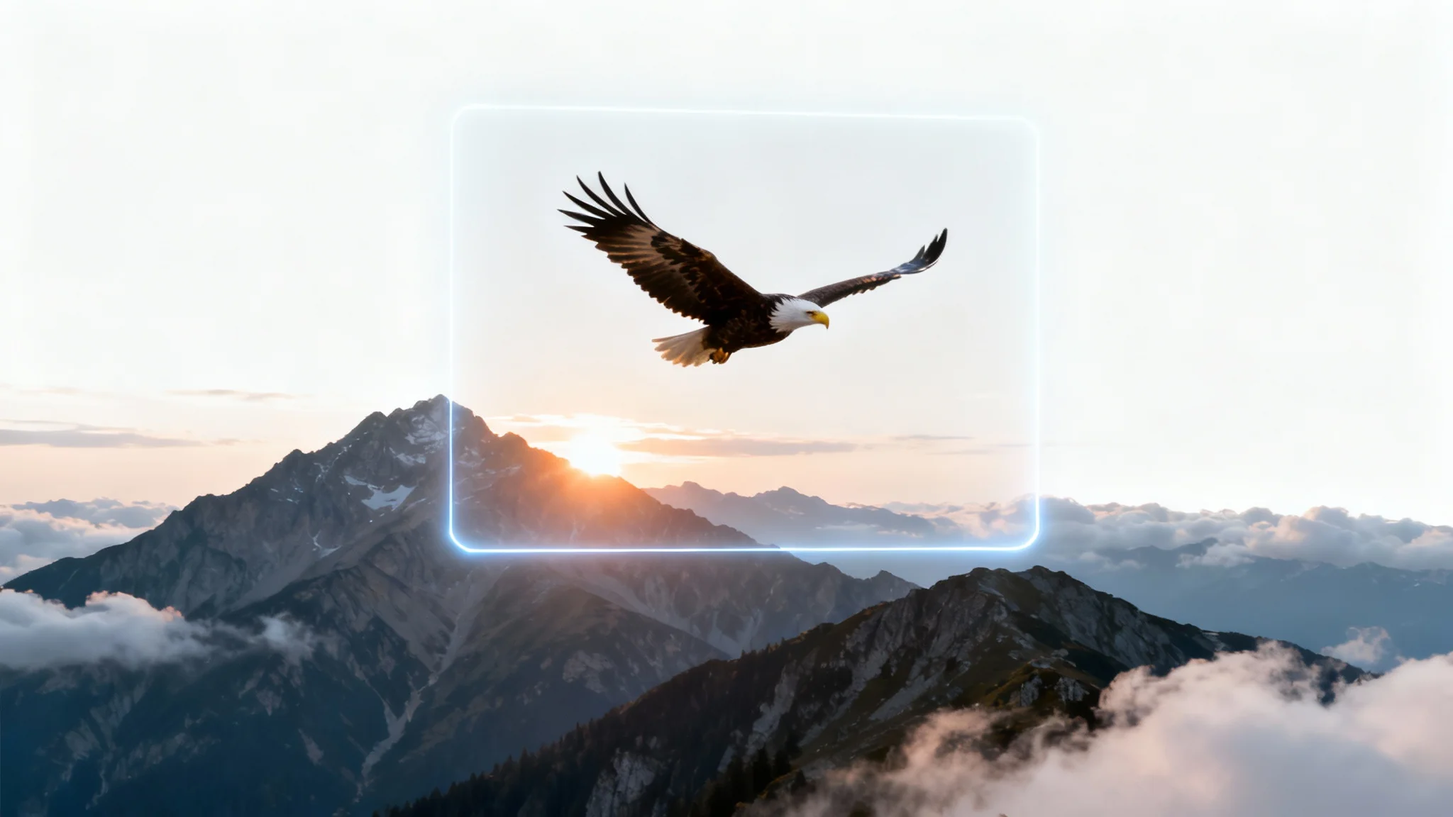 A conceptual image demonstrating resizing a part of a picture. A photo of a mountain range has a selection box around a flying eagle, and the eagle is shown enlarged while the background remains unchanged, all against a white background.