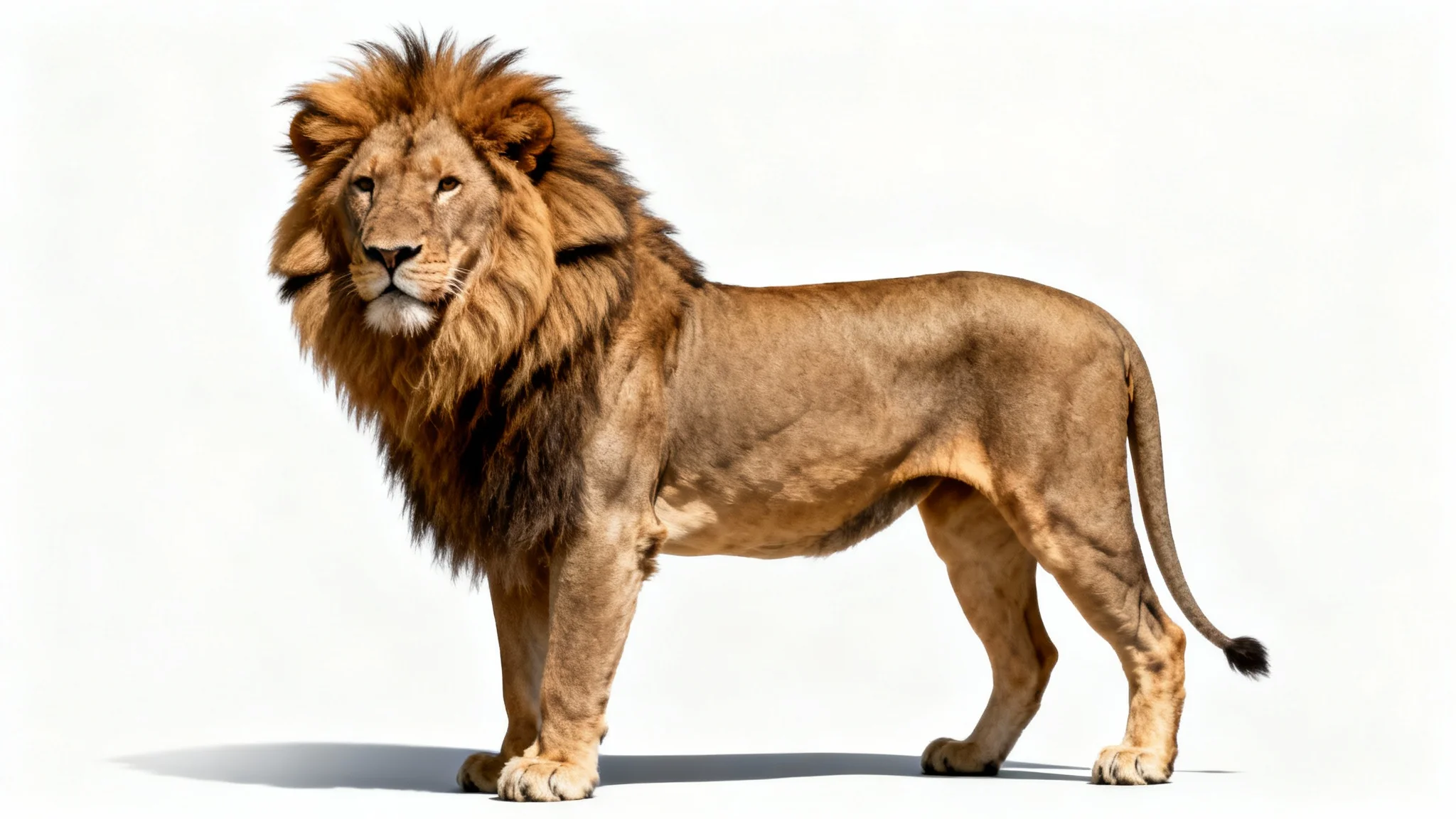A hyper-realistic photo of a majestic lion on a white background, where its mane has been selectively resized to be comically large, demonstrating the concept of resizing a specific part of an image.