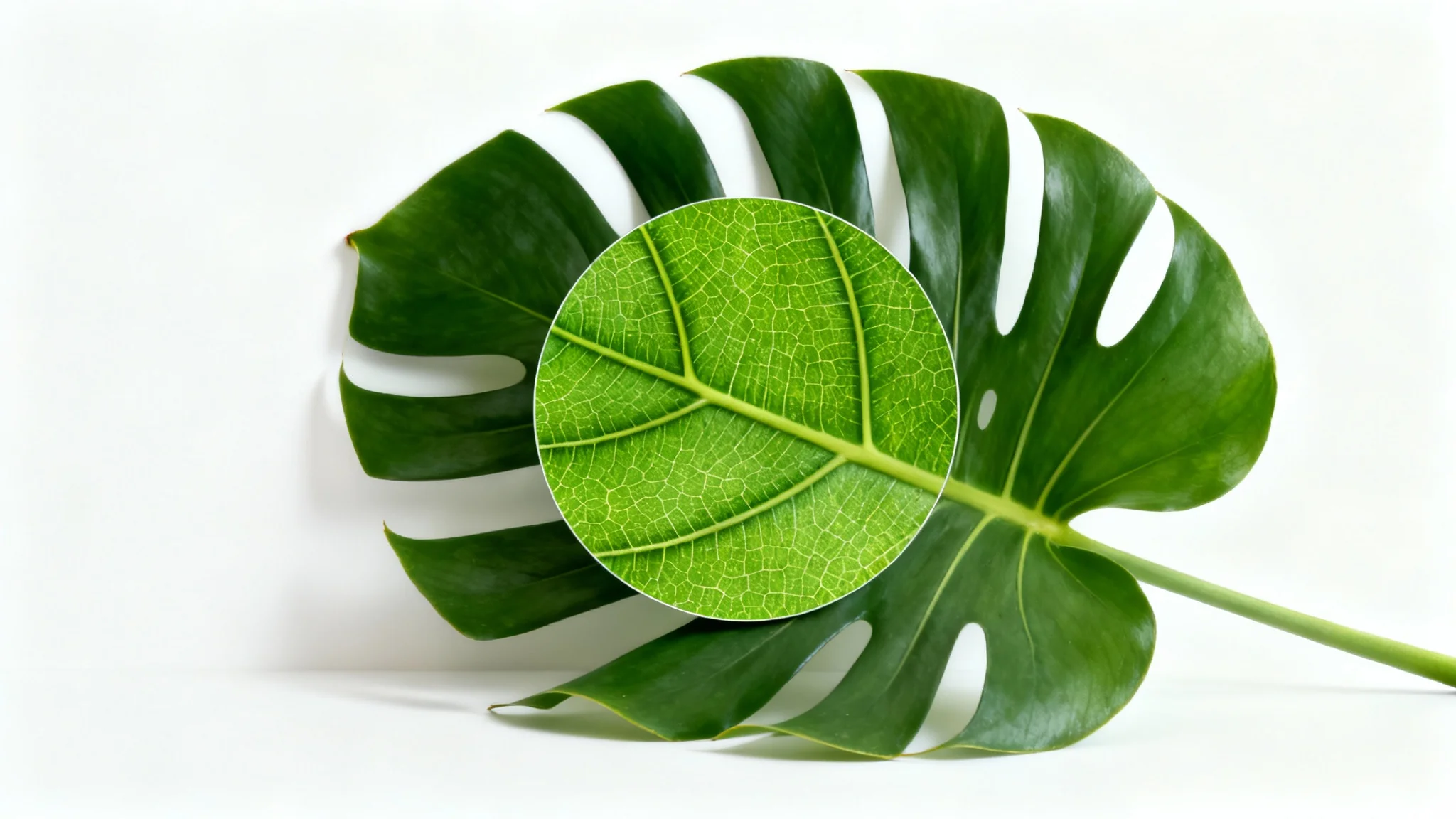 A minimalist photo of a large green monstera leaf on a white background, with a circular section in its center surreally enlarged to show gigantic veins and texture, illustrating the concept of resizing a specific part of an image.
