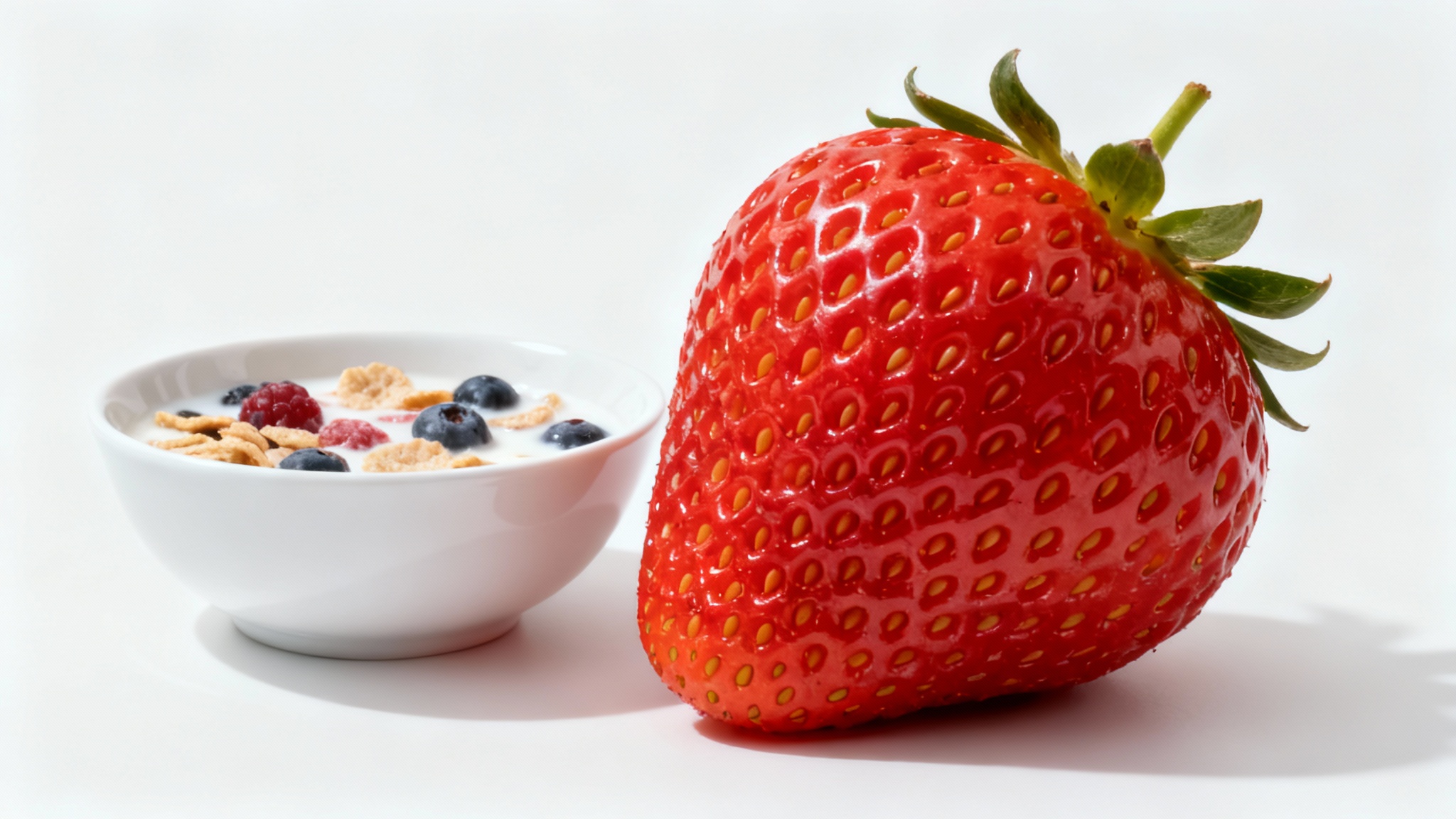 A surreal photorealistic image of a normal-sized bowl of cereal sitting next to a gigantic strawberry on a white surface, visually representing the concept of resizing a part of an image.
