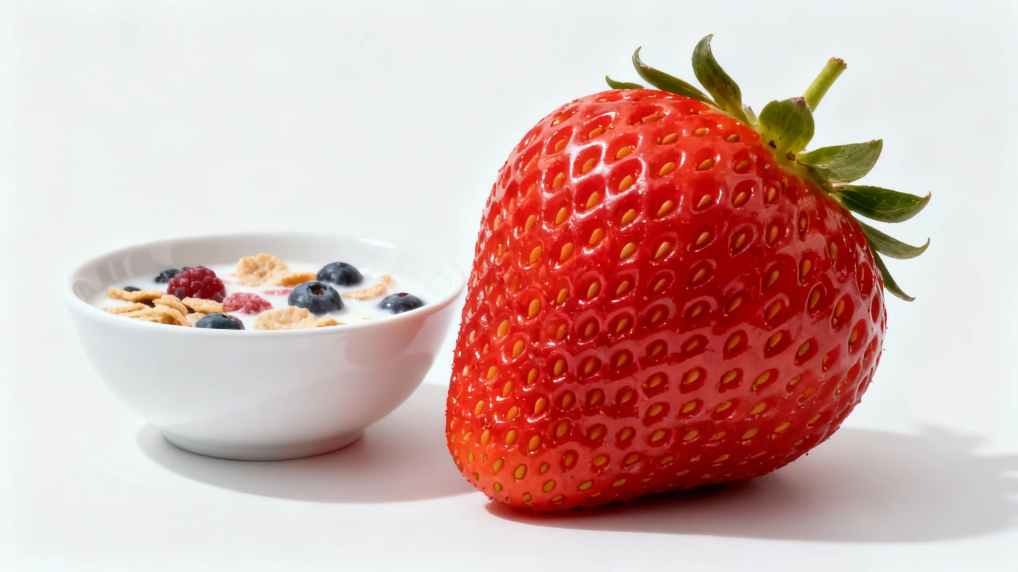 A surreal photorealistic image of a normal-sized bowl of cereal sitting next to a gigantic strawberry on a white surface, visually representing the concept of resizing a part of an image.