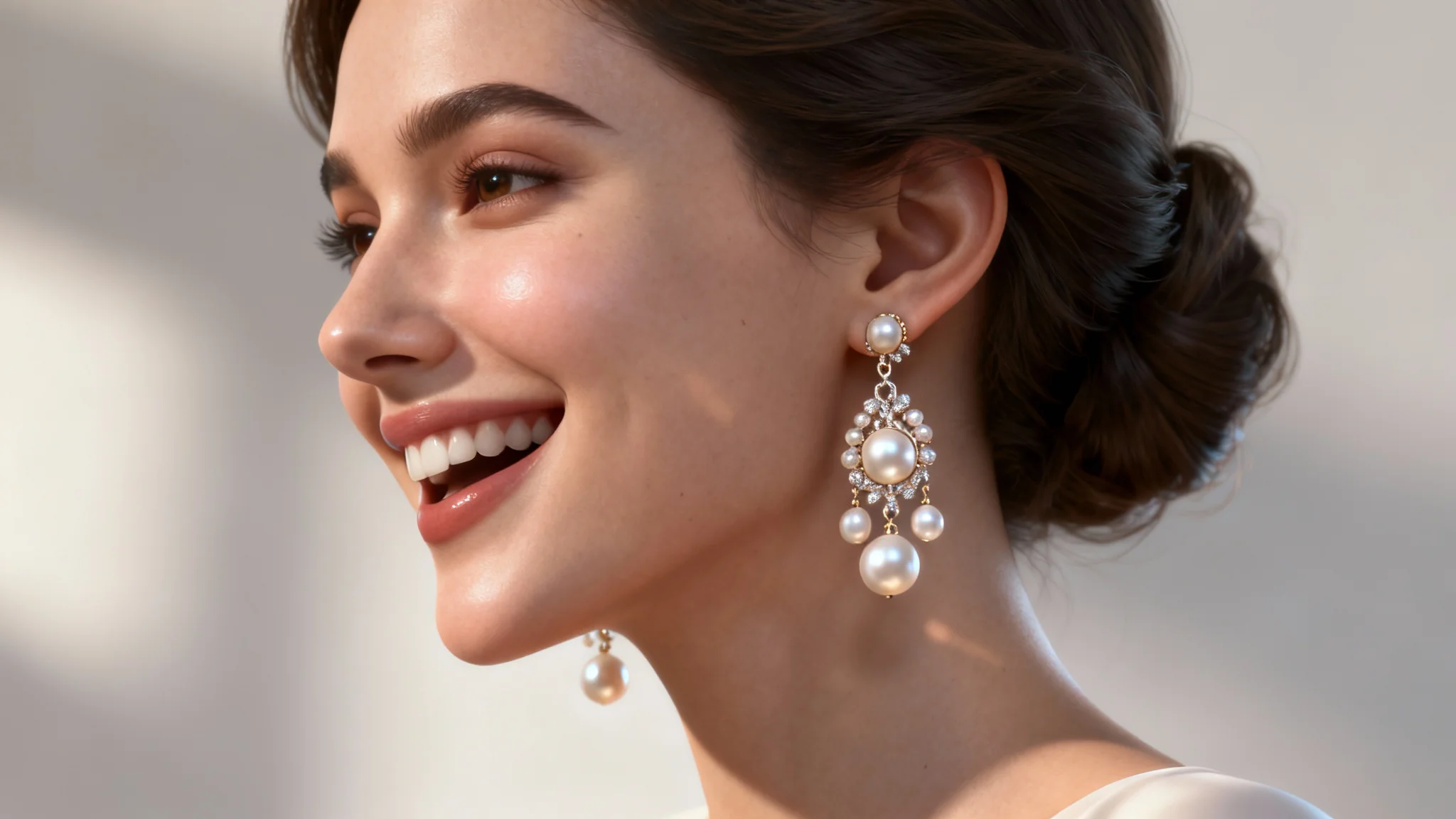 A photorealistic close-up of a woman's face, smiling as she wears a beautiful, virtually-applied pearl earring, demonstrating the final result of an augmented reality try-on.