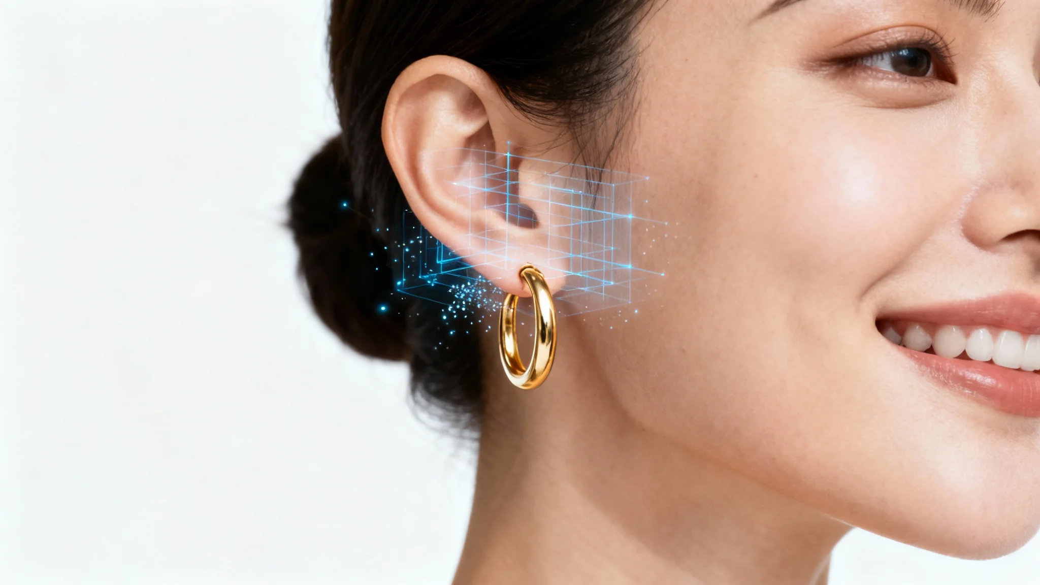 A photorealistic close-up of a woman's ear showcasing a virtual try-on of a gold earring, highlighted by a subtle digital effect on a clean white background.
