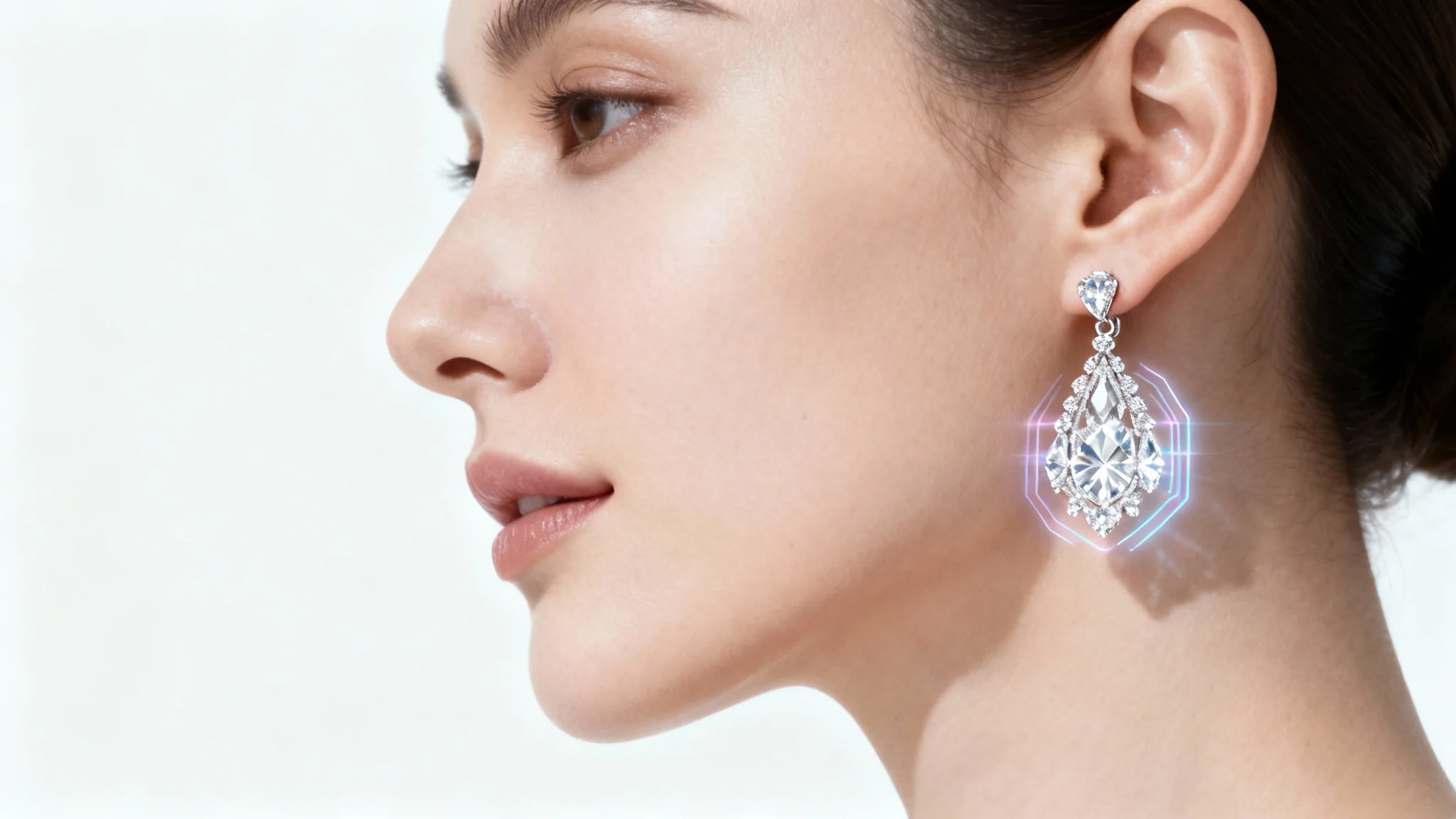 A photorealistic close-up of a woman's ear with a virtually projected diamond earring, showcasing a virtual try-on feature.