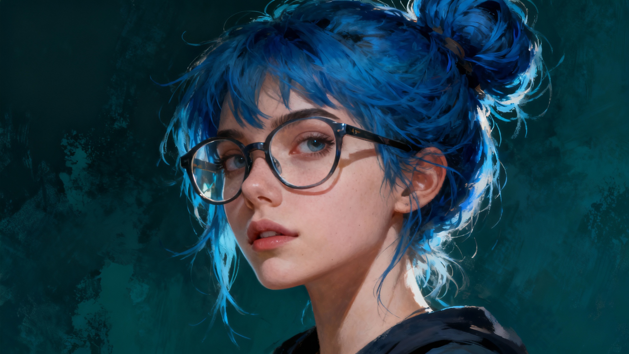 A beautifully rendered digital character portrait of a woman with vibrant blue hair in a bun and oversized glasses, created in a detailed, painterly art style with cinematic lighting.