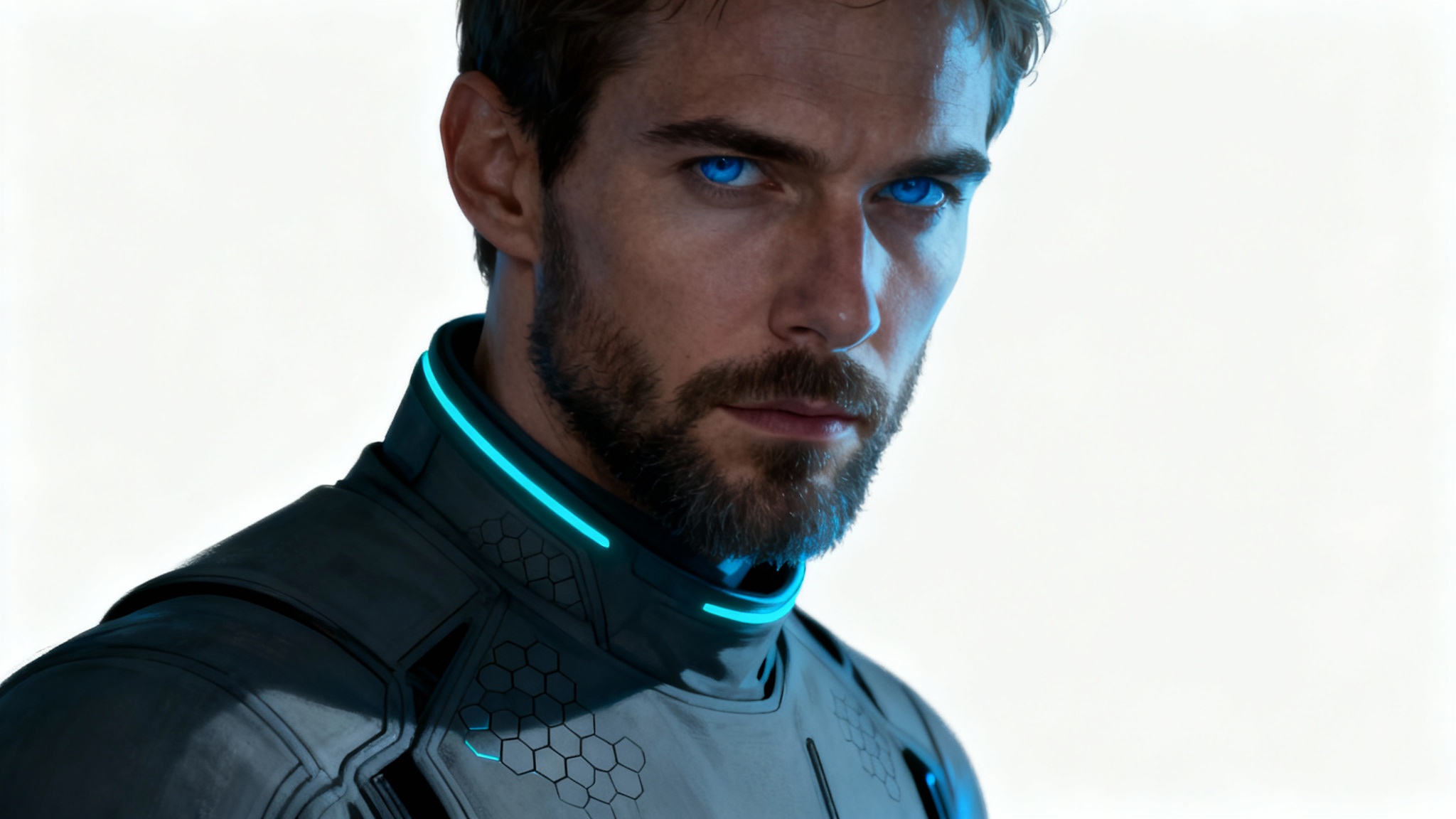A hyper-detailed digital painting of a male space explorer in a futuristic suit, shown in a close-up character portrait against a solid white background.