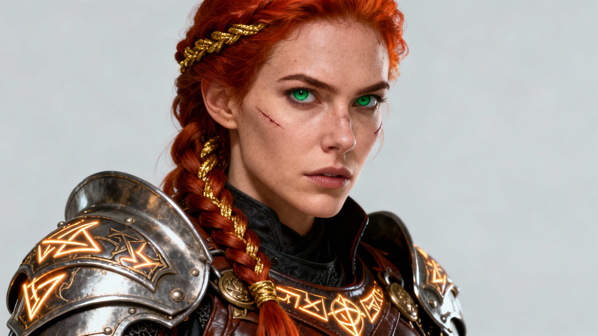 A photorealistic portrait of a female fantasy warrior with braided red hair and intricate steel armor, posing against a plain light gray background.
