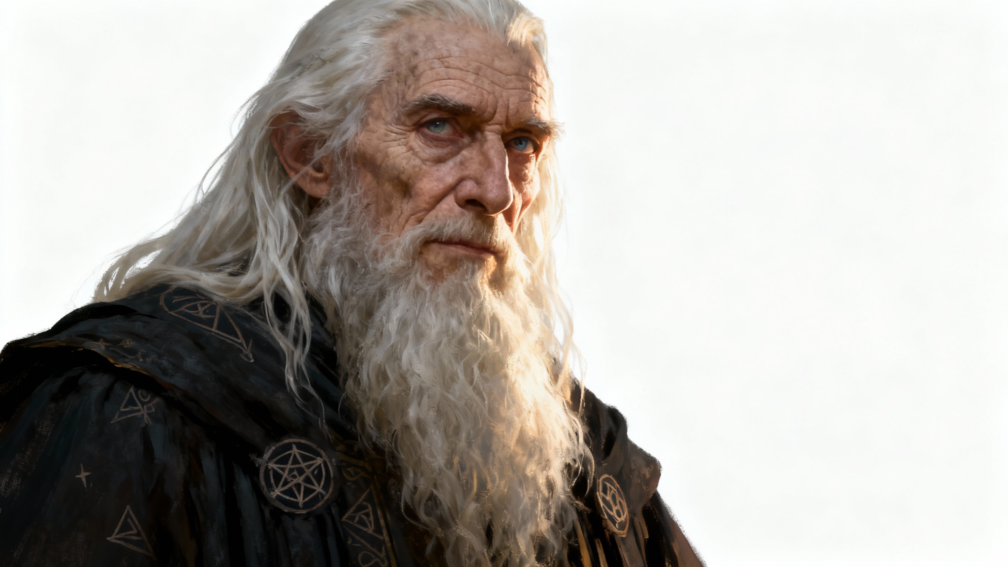 A hyper-detailed digital painting of a wise old wizard with a long white beard, shown from the chest up against a plain white background.