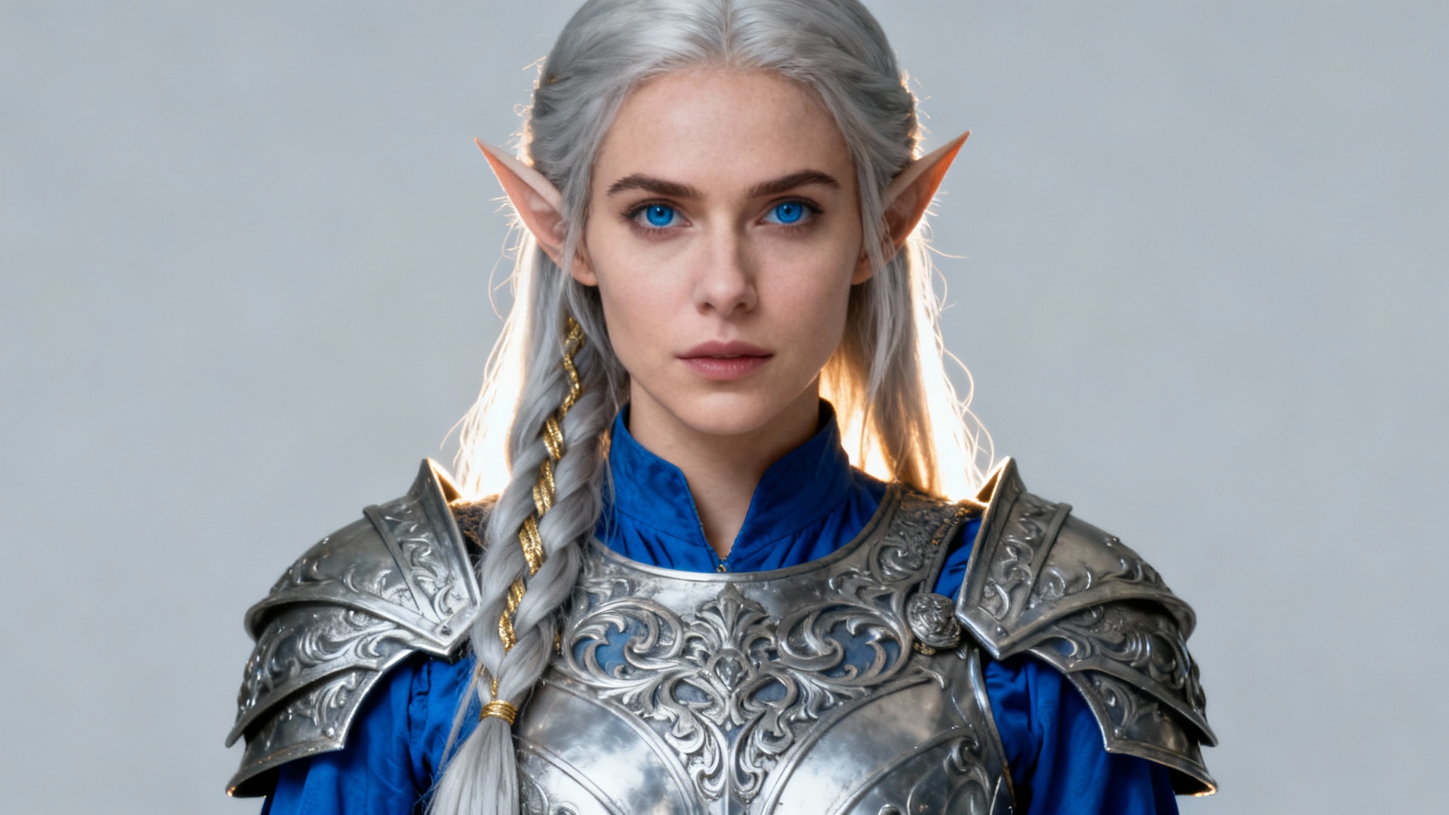 A detailed character portrait of a beautiful elven warrior princess with long silver hair and ornate silver armor, against a minimalist light gray background.