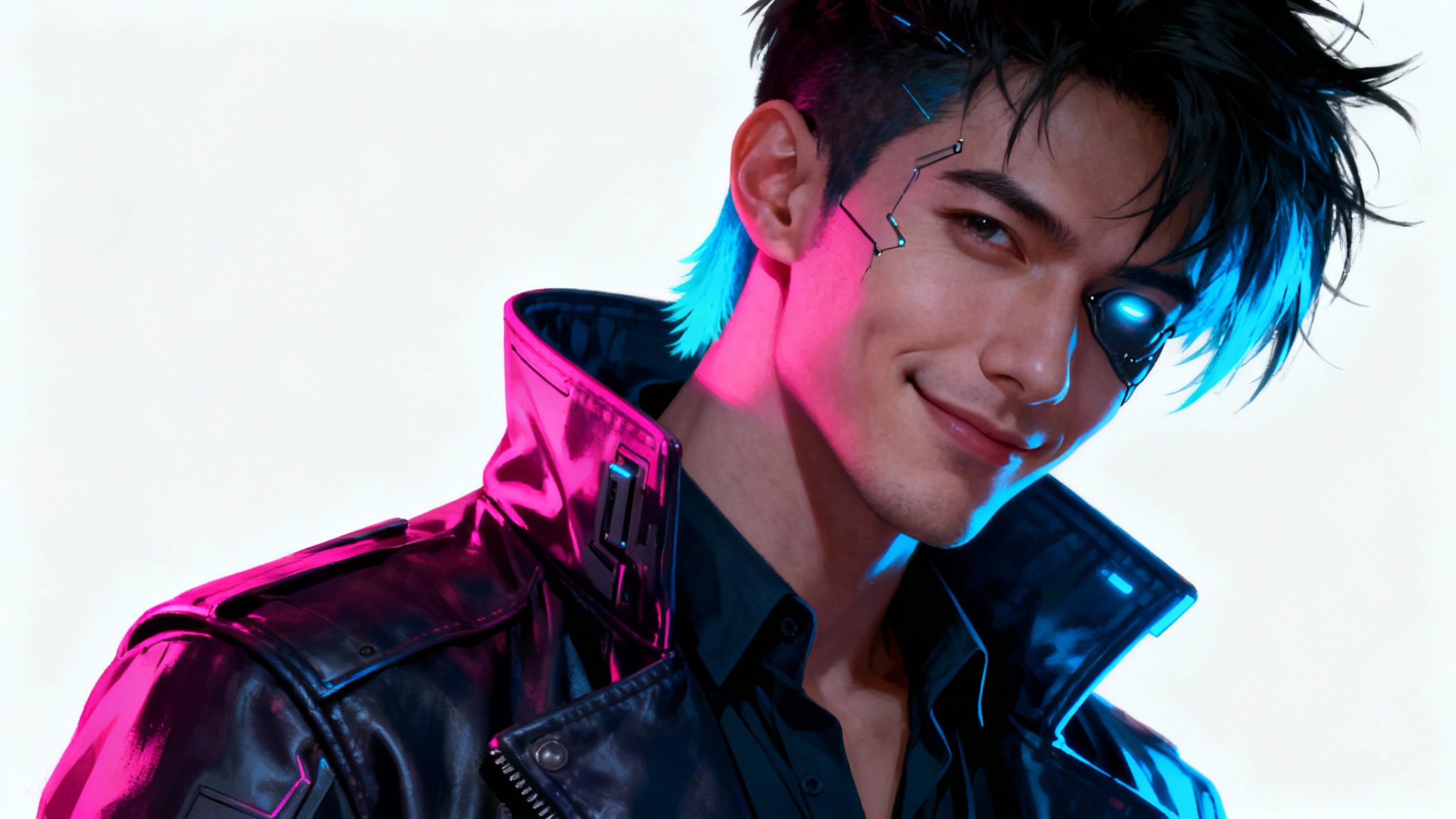 A photorealistic character portrait of a male cyberpunk rogue with a glowing cybernetic eye and neon-lit hair, wearing a leather jacket against a plain white background.