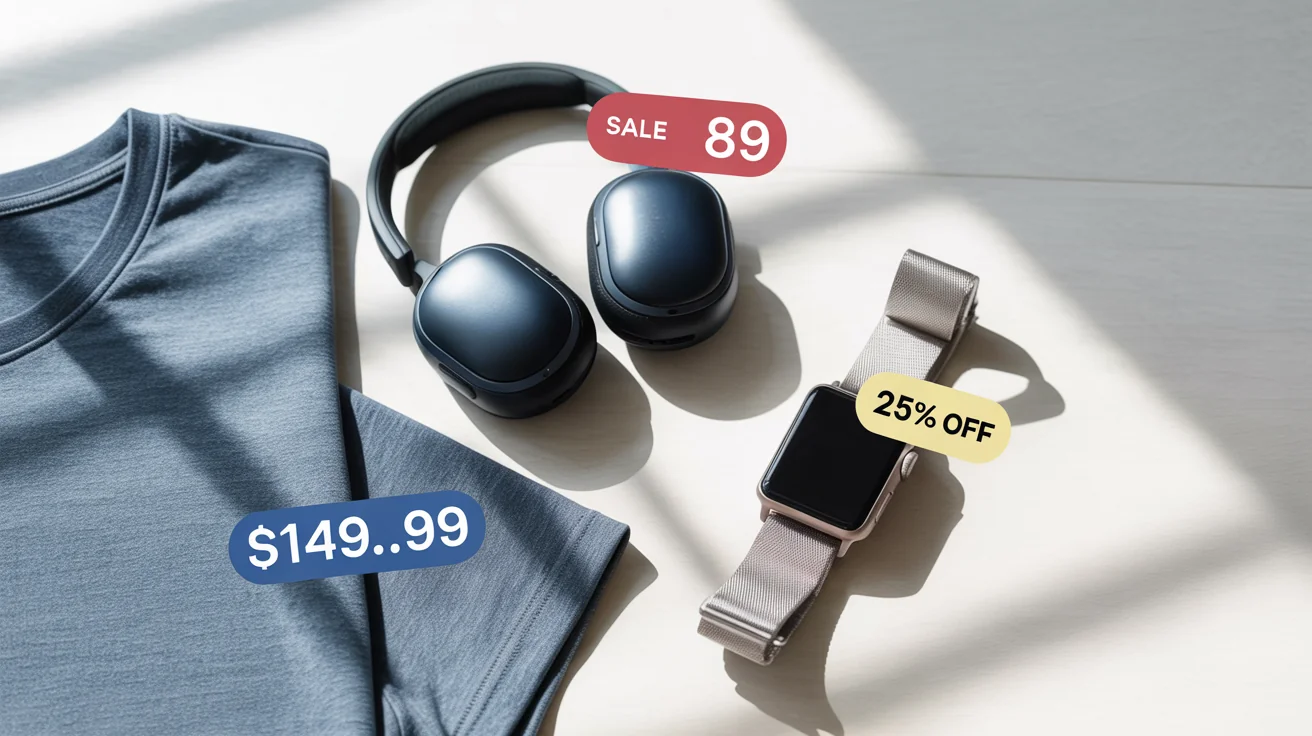 A professional hero image displaying various products like headphones and a t-shirt, each with a colorful, modern price tag overlay showing prices and sale discounts. The background is minimal and clean.