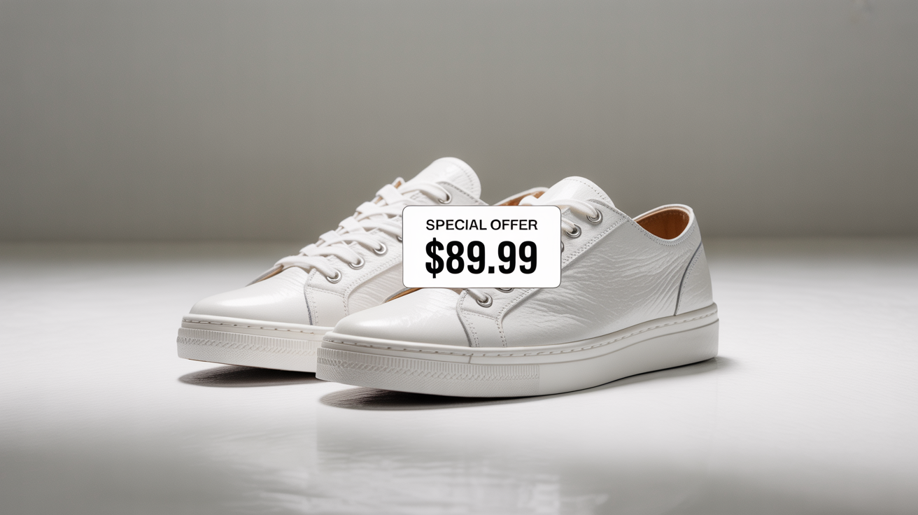 A pair of white sneakers on a white background with a digital price tag overlay that reads 'SPECIAL OFFER $89.99'.