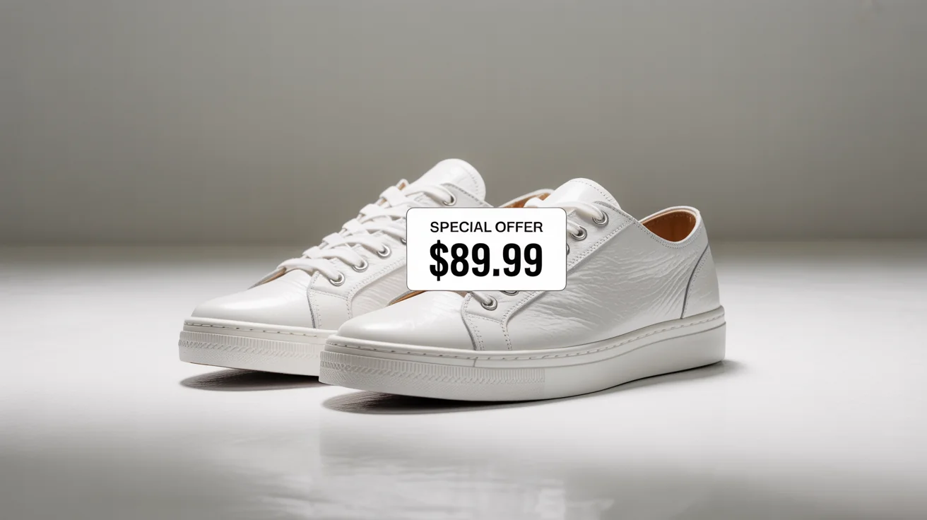 A pair of white sneakers on a white background with a digital price tag overlay that reads 'SPECIAL OFFER $89.99'.