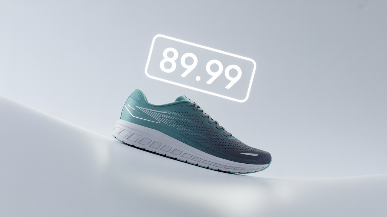 A modern running shoe displayed on a white background with a floating price tag showing '$89.99' overlaid on the image.