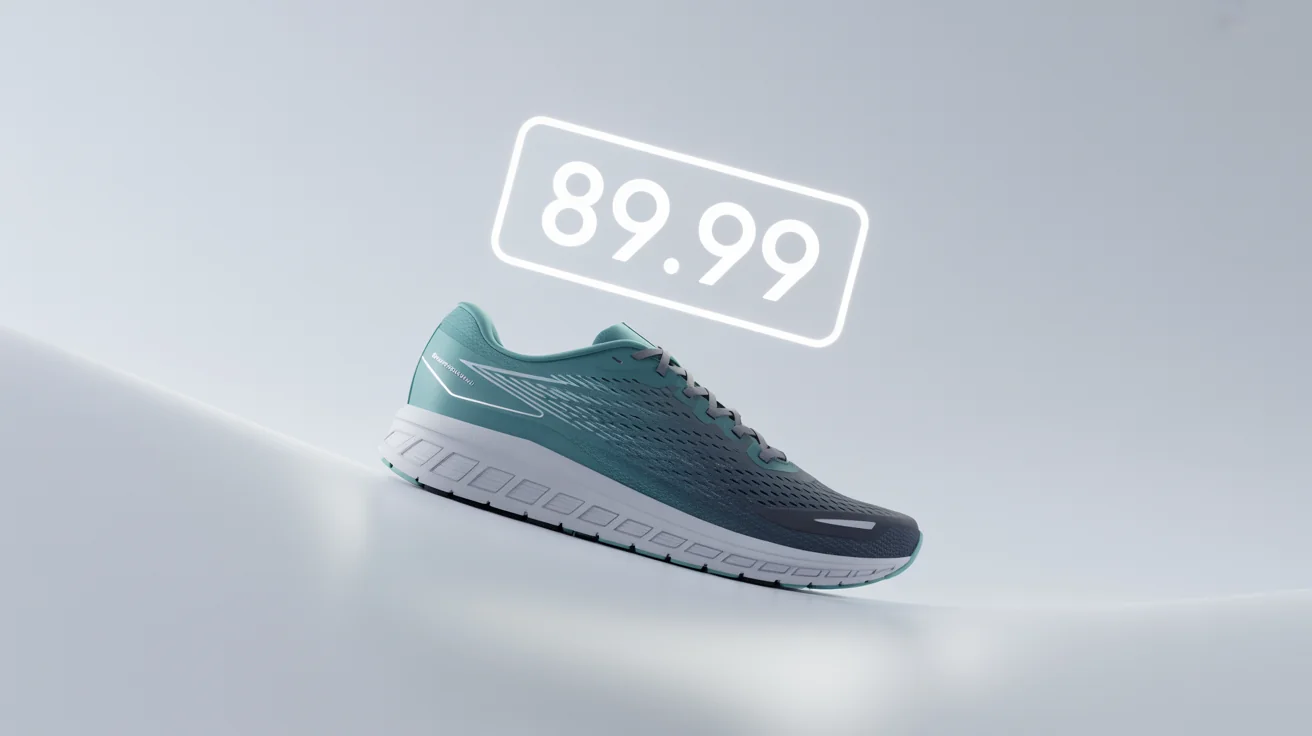 A modern running shoe displayed on a white background with a floating price tag showing '$89.99' overlaid on the image.
