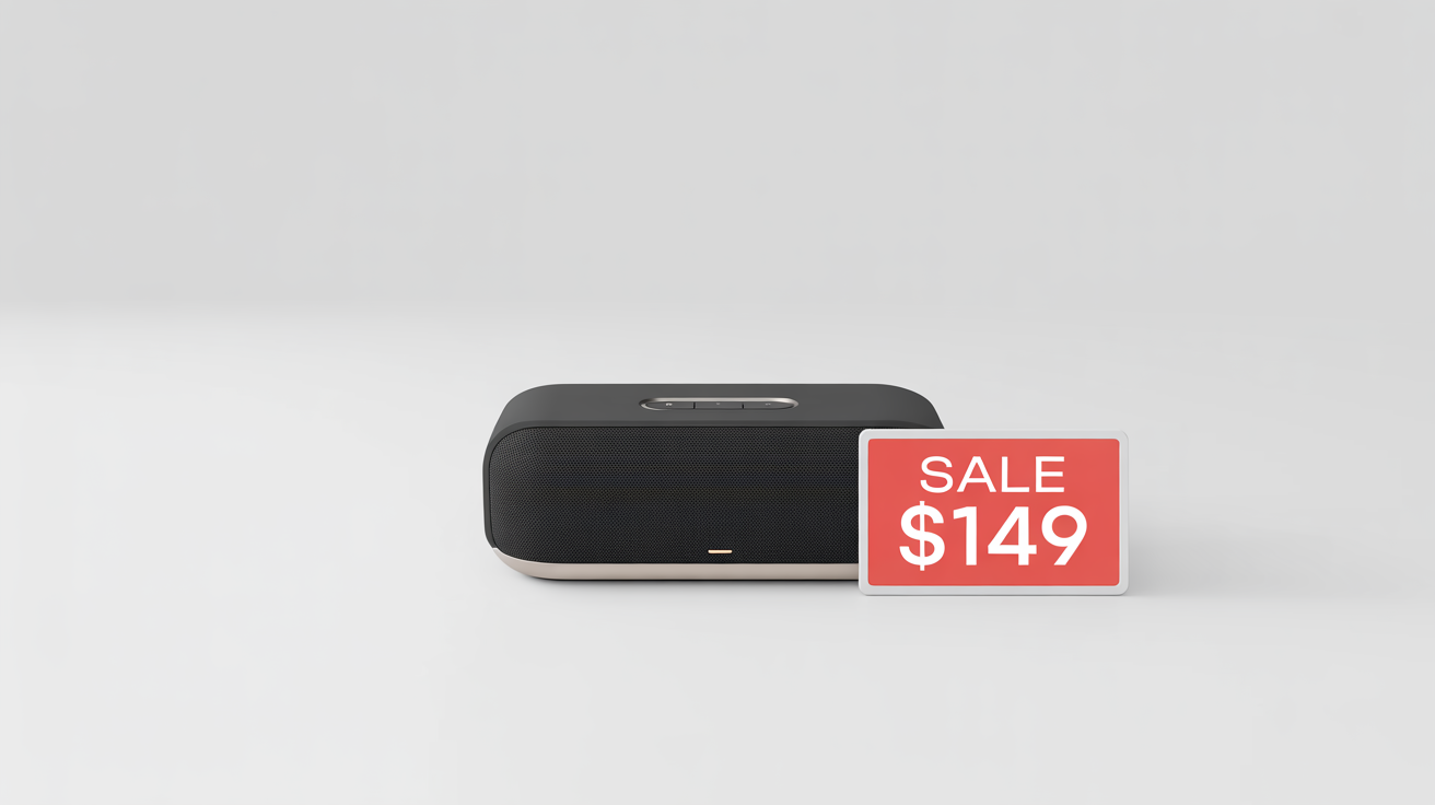 A modern black Bluetooth speaker on a white background with a red digital price tag overlay that says 'SALE' and '$149'.