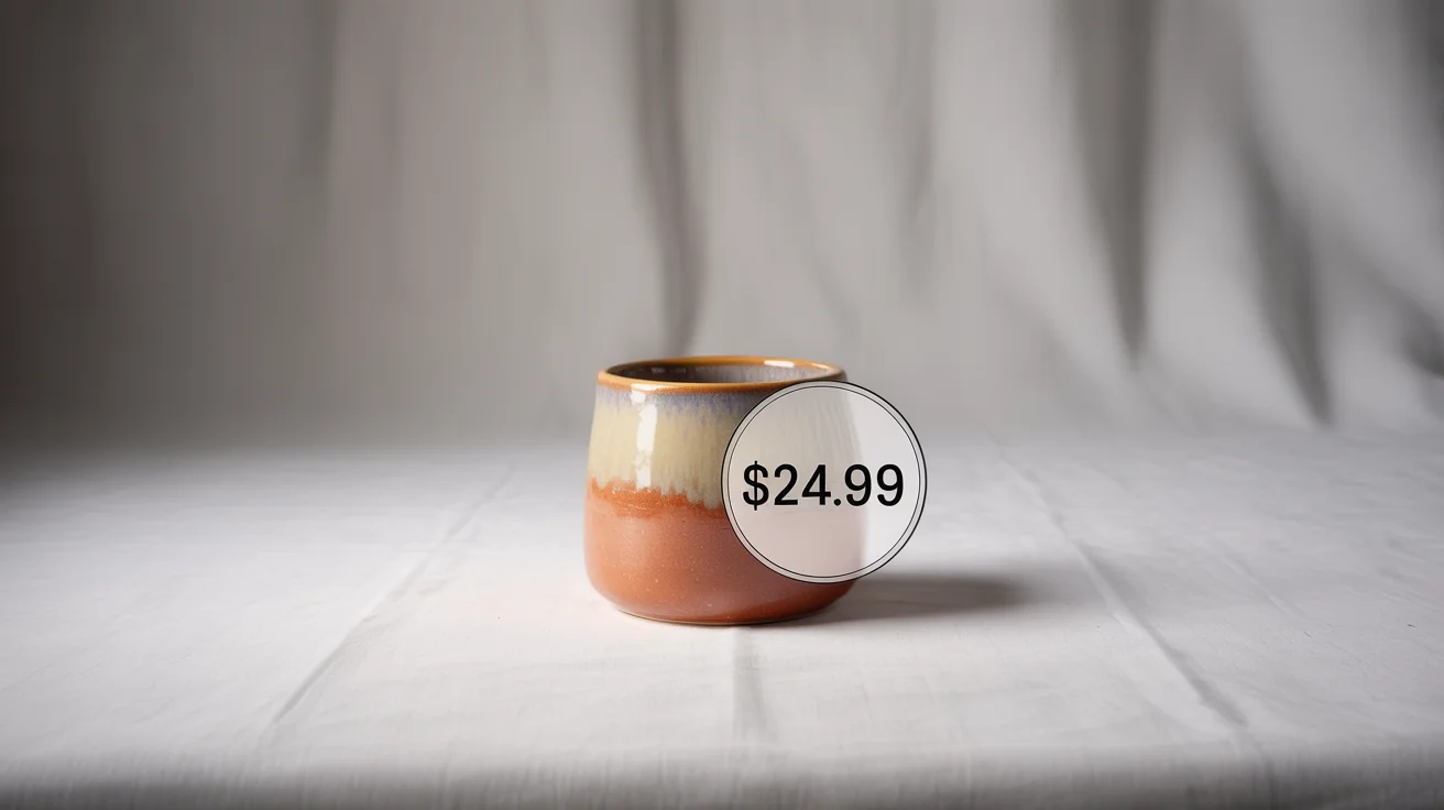 A professional product shot of a terracotta ceramic mug on a white background, with a circular digital price tag overlay that reads '$24.99'.