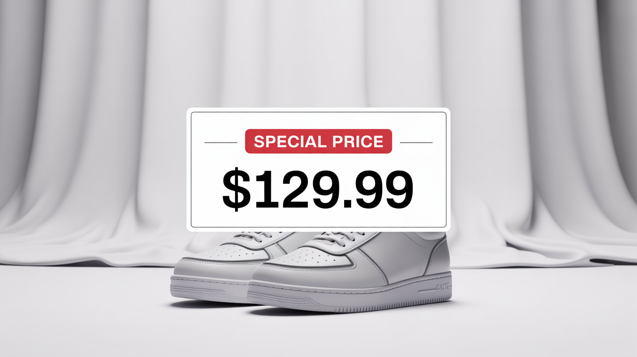 A pair of stylish sneakers on a white background, with a digital price tag overlay showing a special price of $129.99.